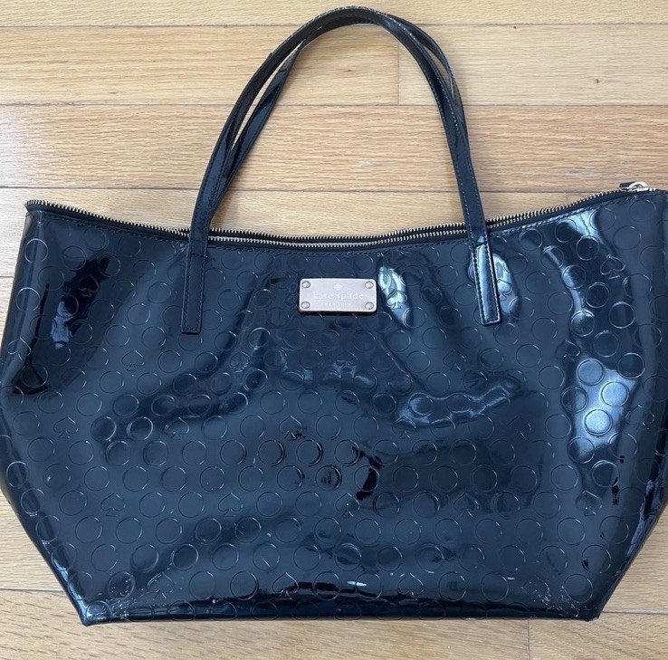 kate spade new york Black Patent Polka Dot Tote Zip Top, Lined Pockets