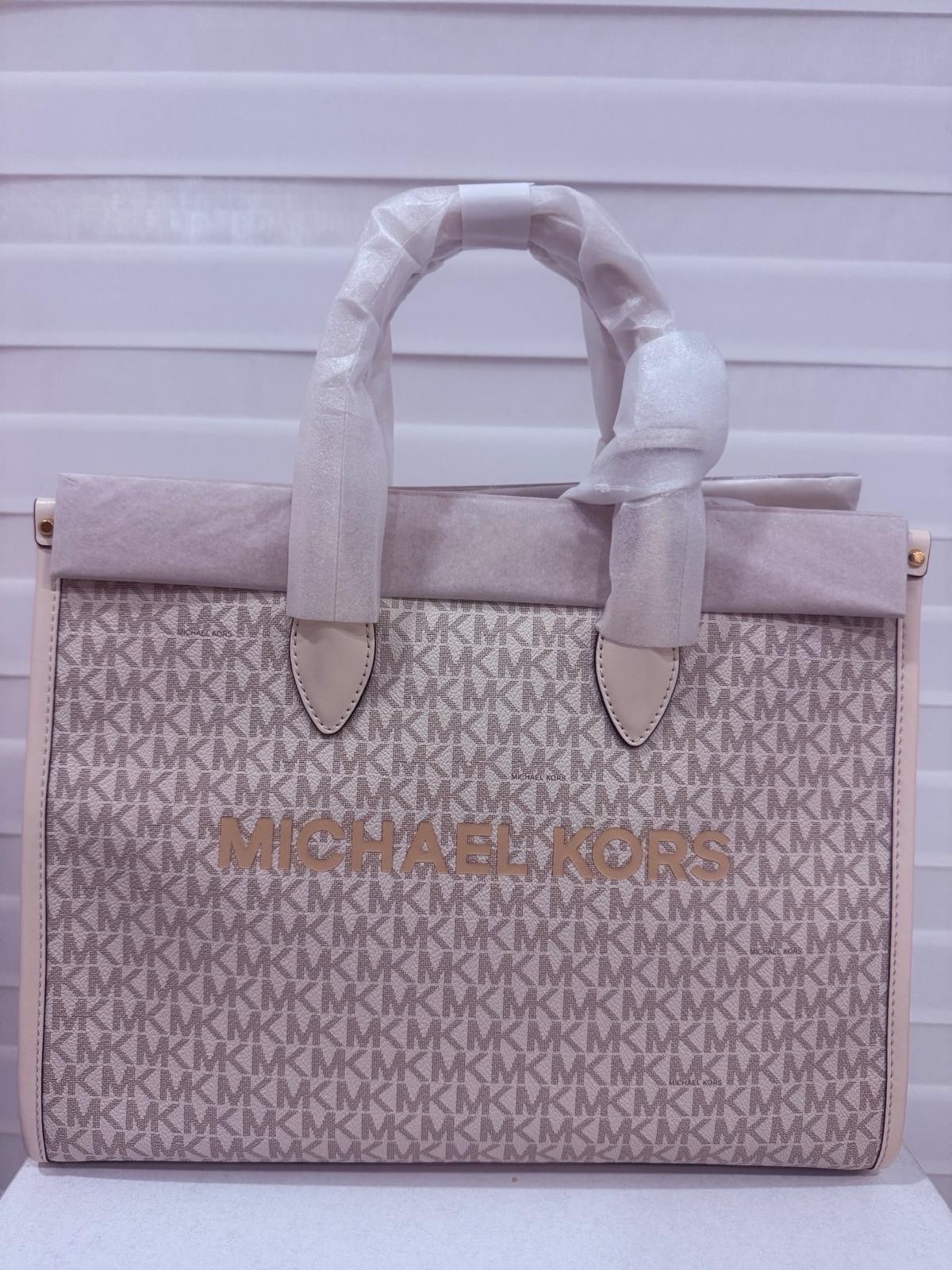 Michael Kors Mirella Medium Tote MK Signature Logo Bag Multi Light Cream
