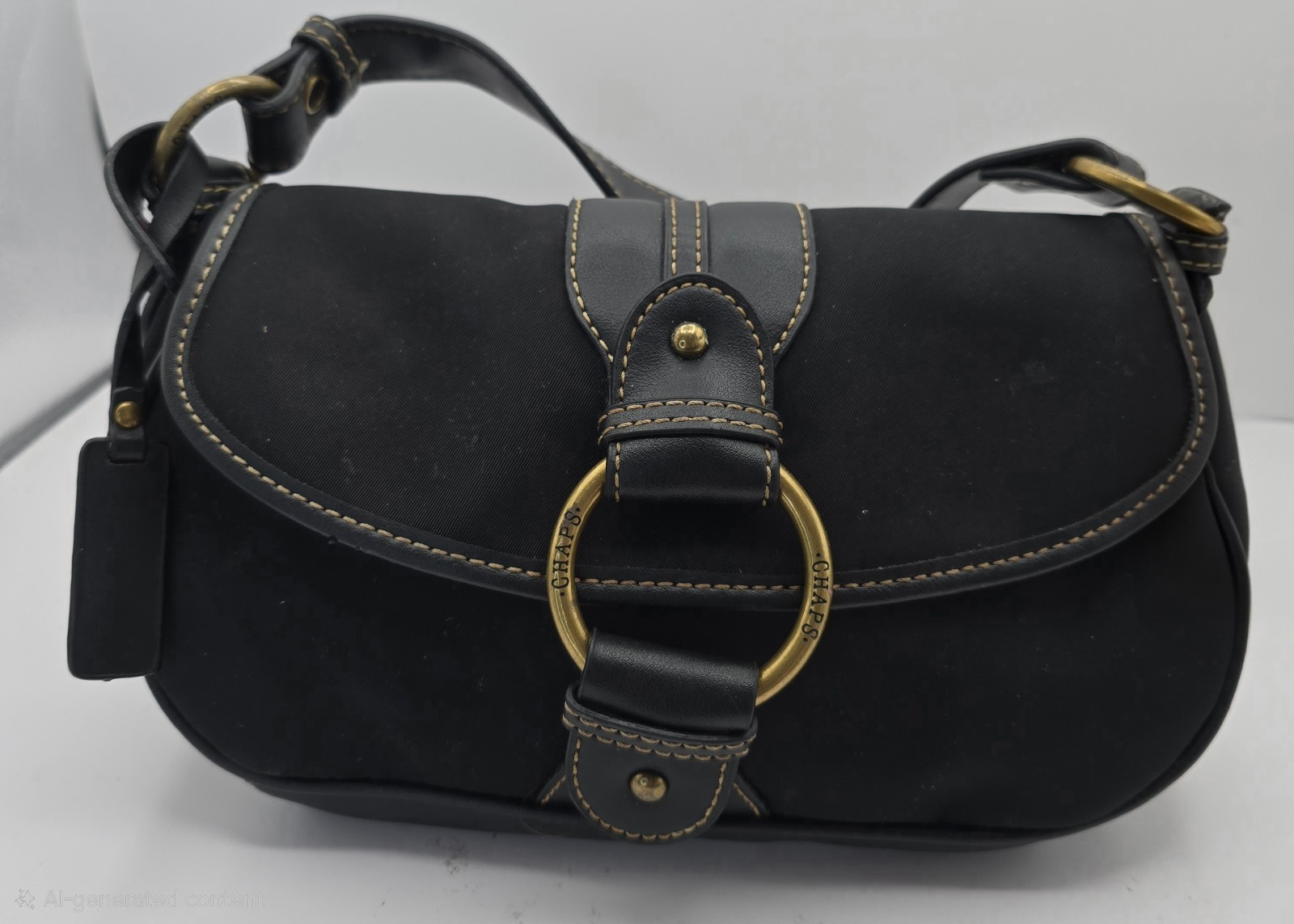 Chaps Black Purse Vinyl Shoulder Strap Snap Closure Logo Inside Pockets