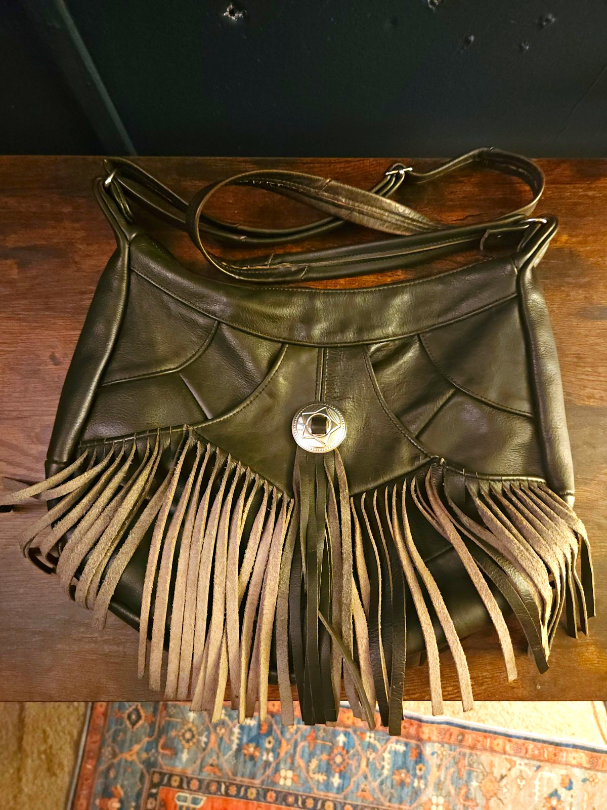 Black Western Boho Fringe Shoulder Bag Concho Adjustable Strap Southwestern Hipp