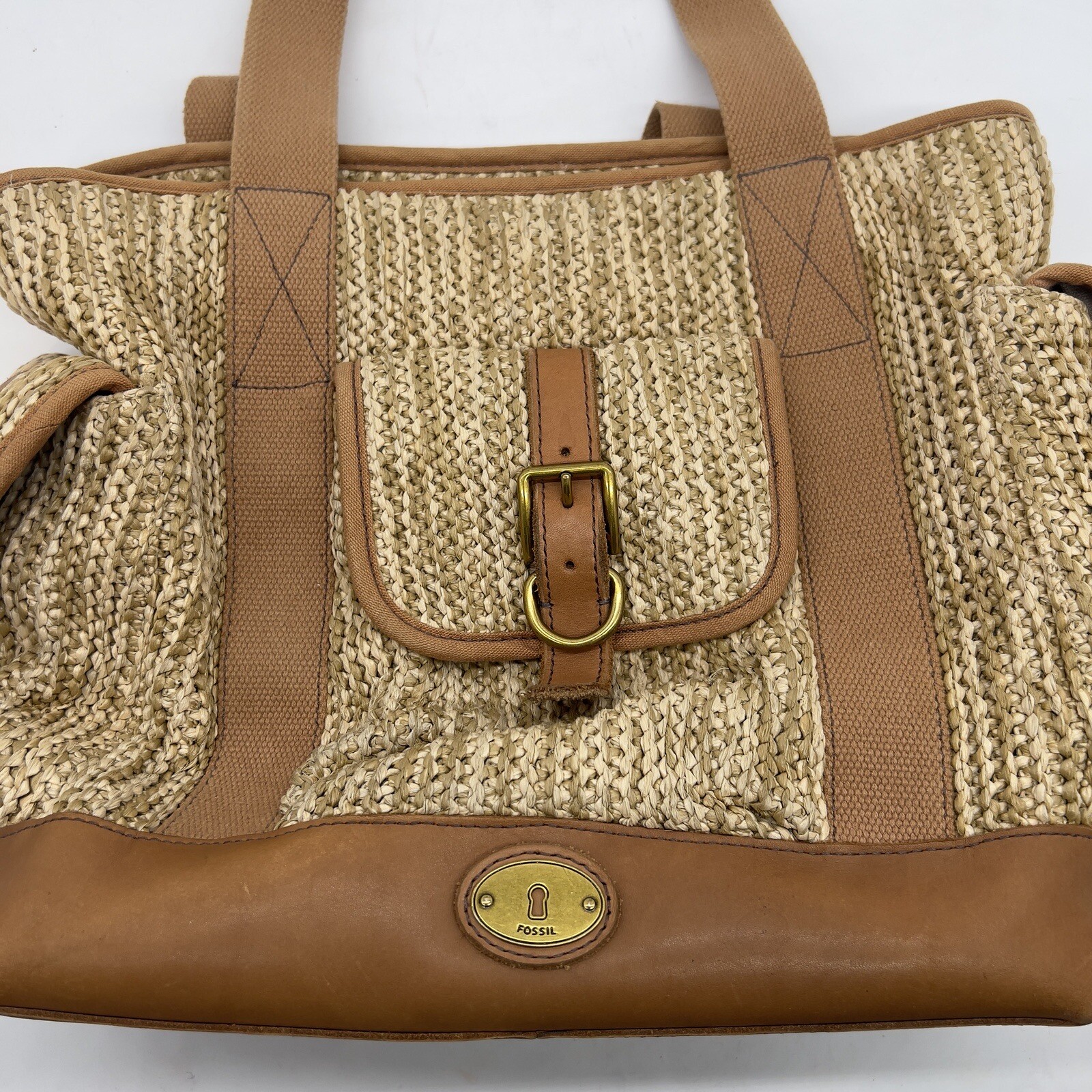 Fossil Handbag Large Weekend Raffia Natural Tote Bag Tan Leather Trim