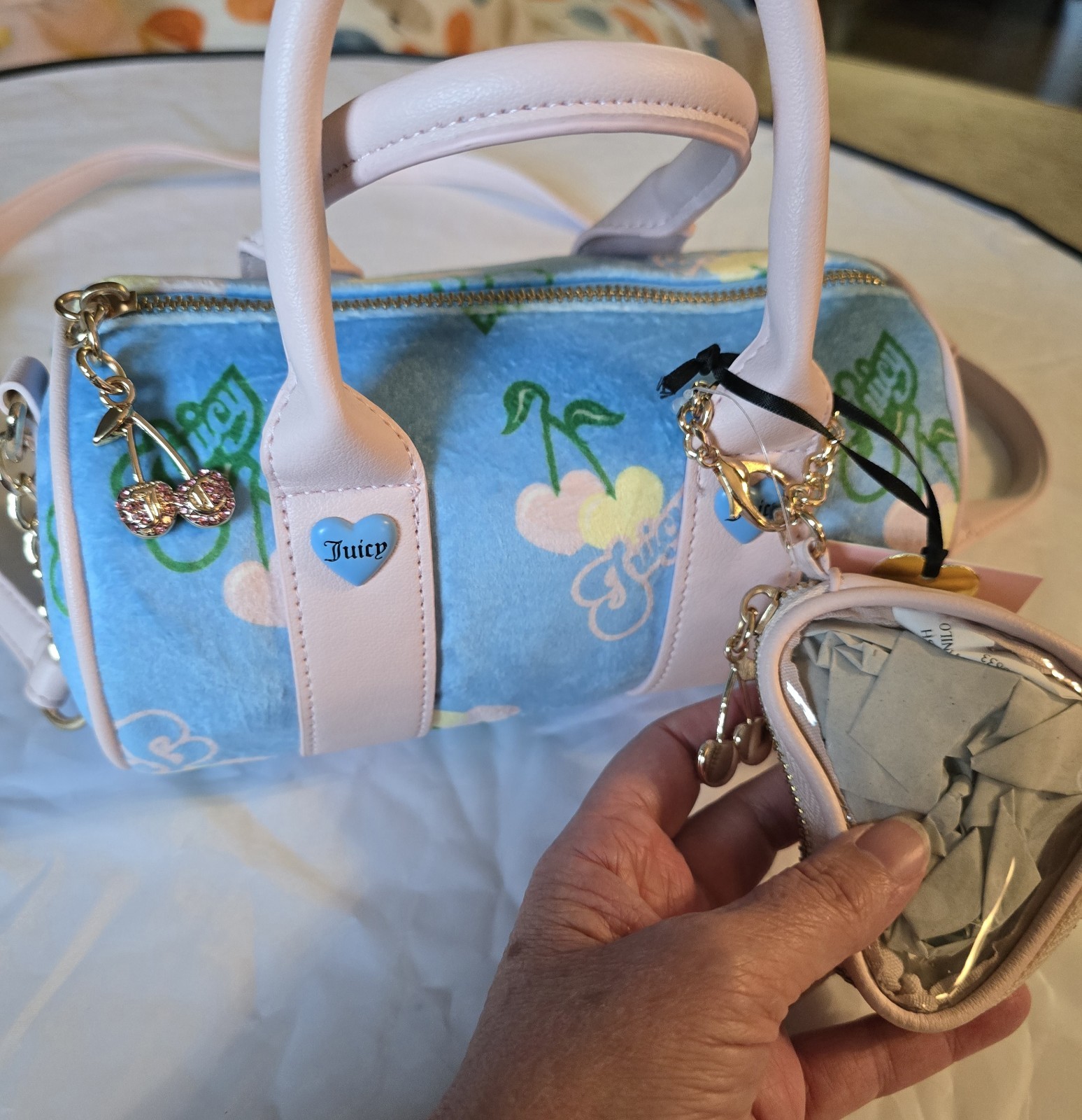 Juicy Couture Retro Style Cherry Mini Barrel Bag, Blue Gleam Multi