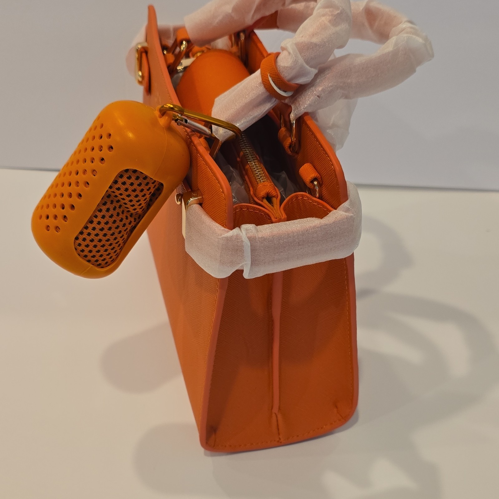 sbtpg Orange Zip Satchel Top Handle Bag w/ Bag Charm, Hangtag, Inner Pockets