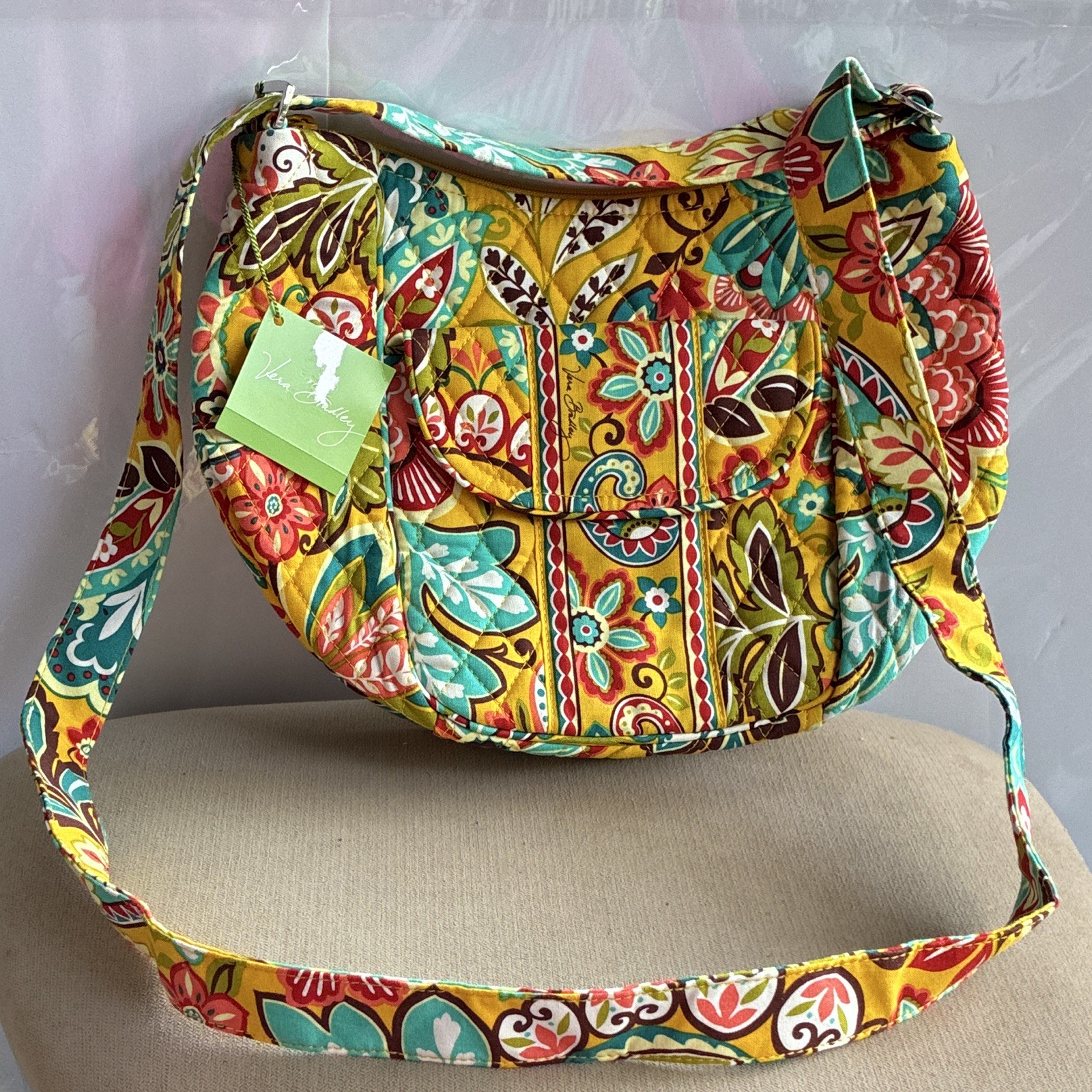 Vera Bradley Quilted Multicolor Floral Zip Medium Crescent Shoulder Bag