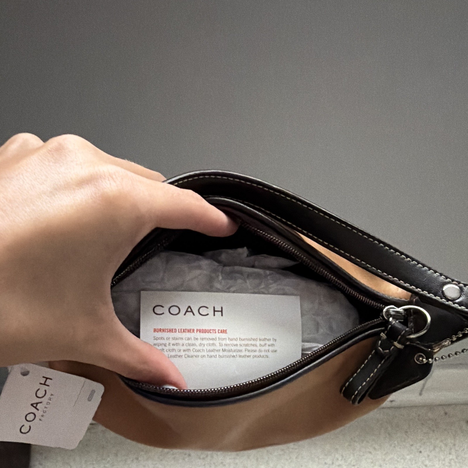 Coach Factory Tan Small Baguette Shoulder Bag Zip Top Dark Brown Strap Silver HW