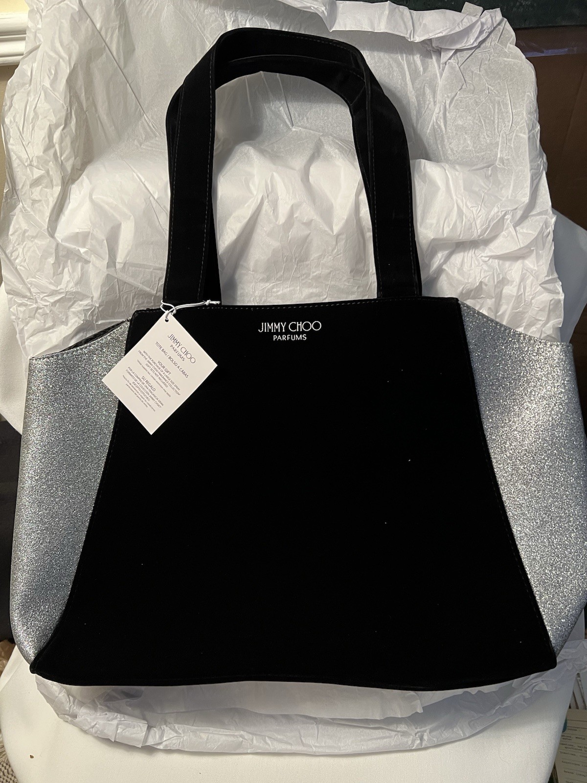 JIMMY CHOO PARFUMS WOMENS LARGE TOTE BAG BLACK AND GLITTER NEW