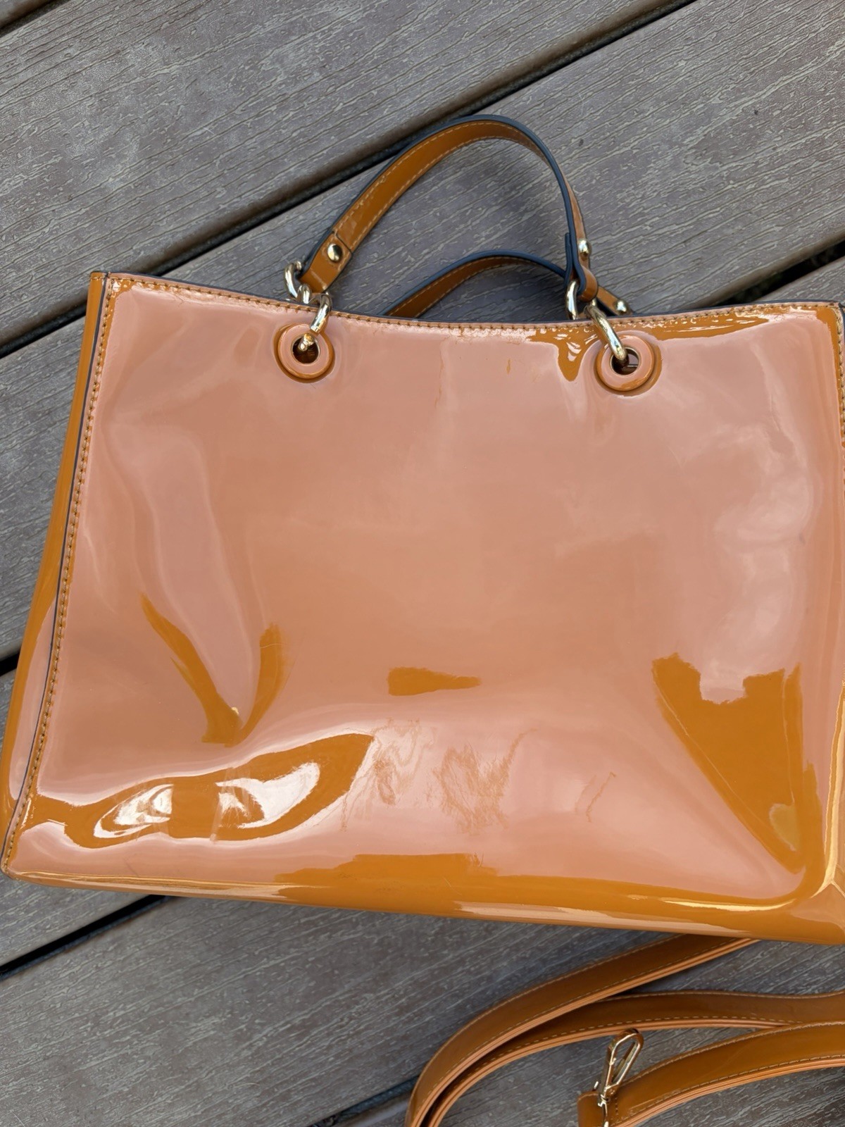 Glossy Caramel Colored Patent Leather Shoulder Bag with Gold Hardware