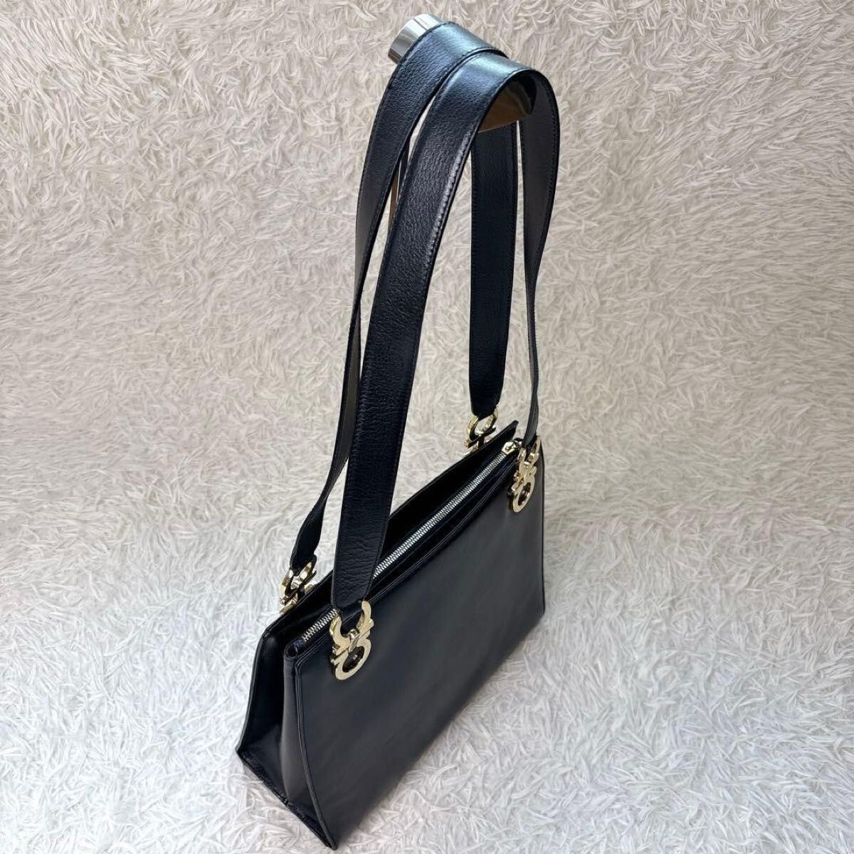 Salvatore Ferragamo Gancini Black Leather Shoulder Tote Bag Gold Hardware Italy