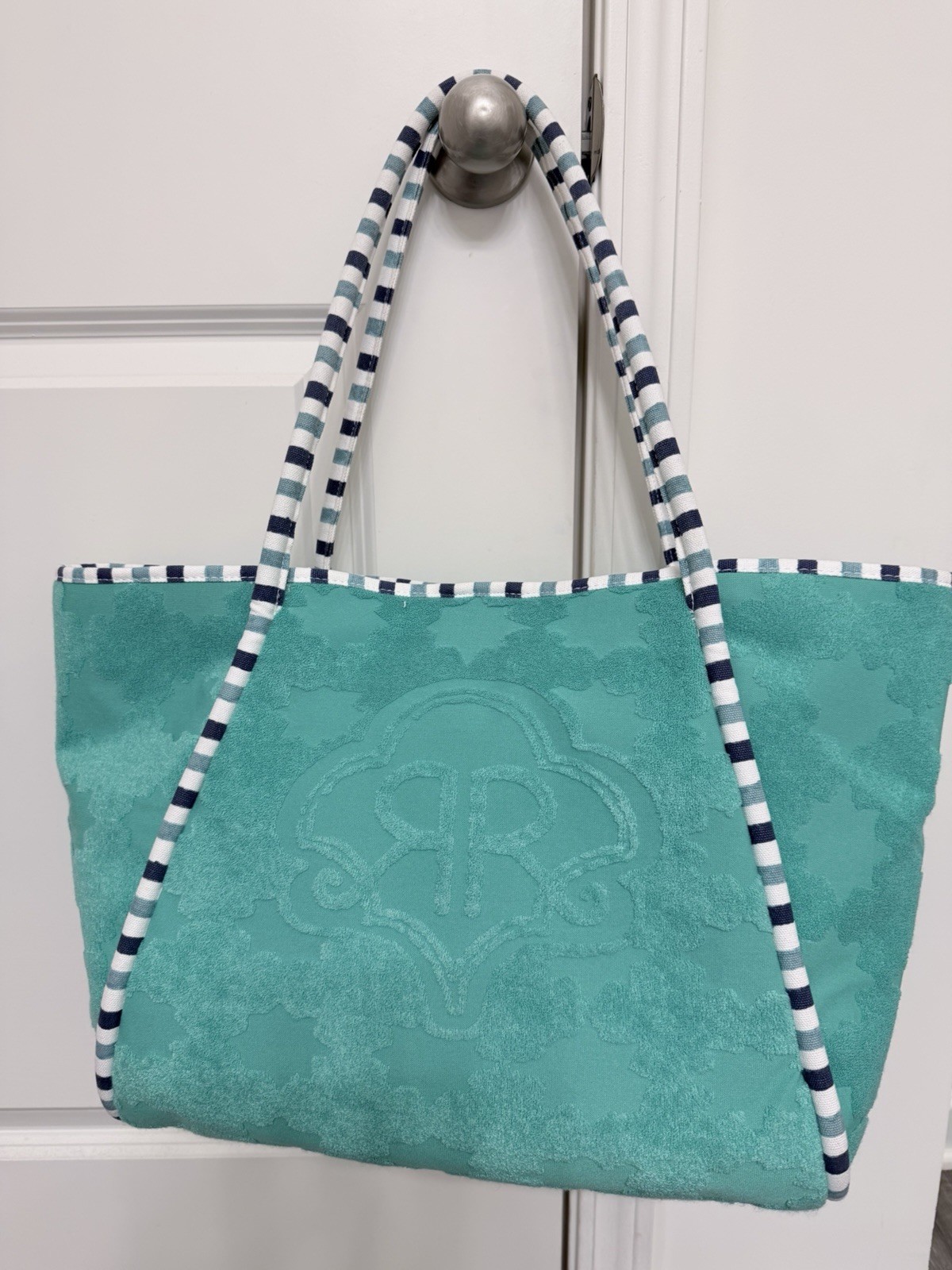 Roller Rabbit Large Turquoise Tote Quilted Striped Lined Magnetic, Strap