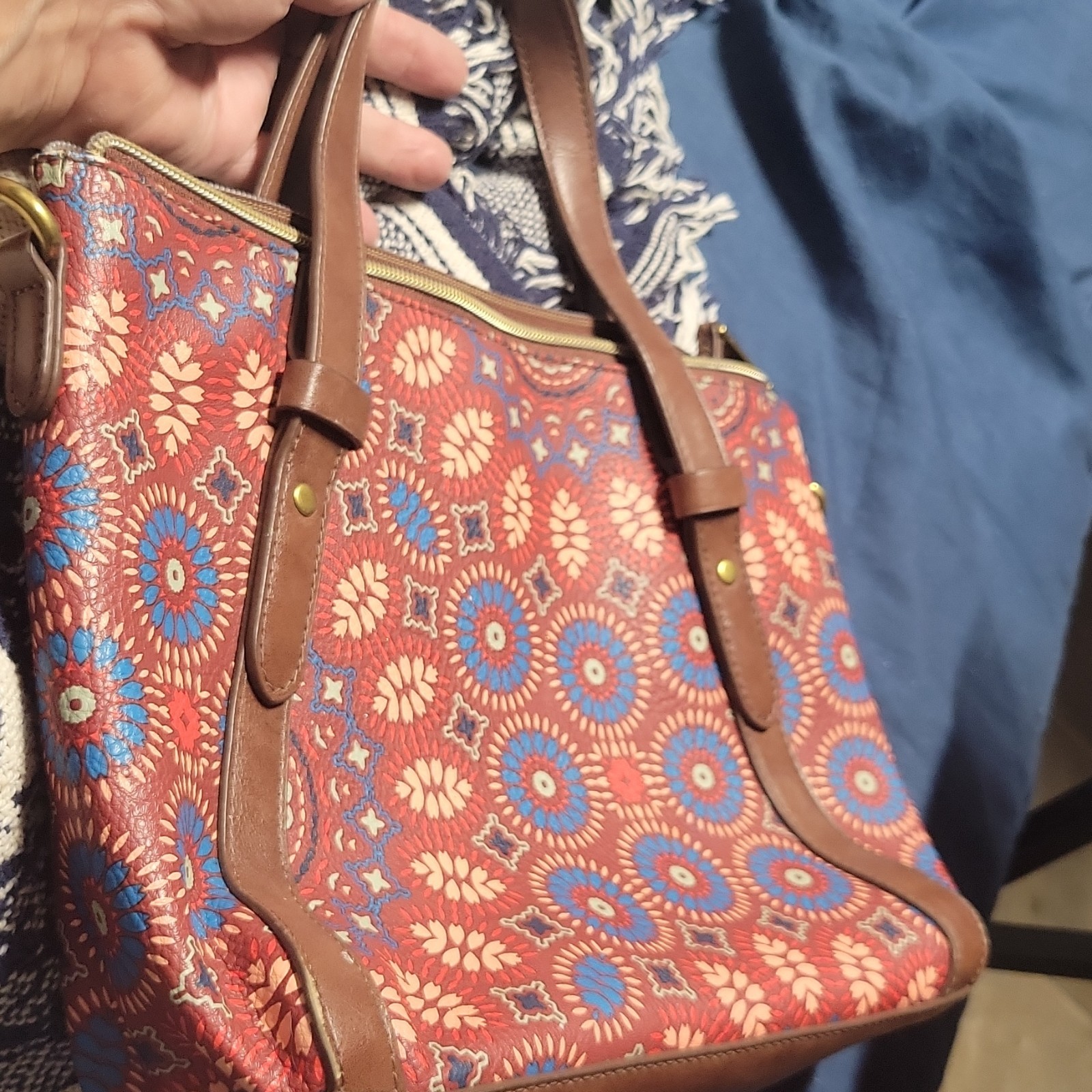 Vintage FOSSIL Multicolor Leather Hand Bag. No Shoulder Strap