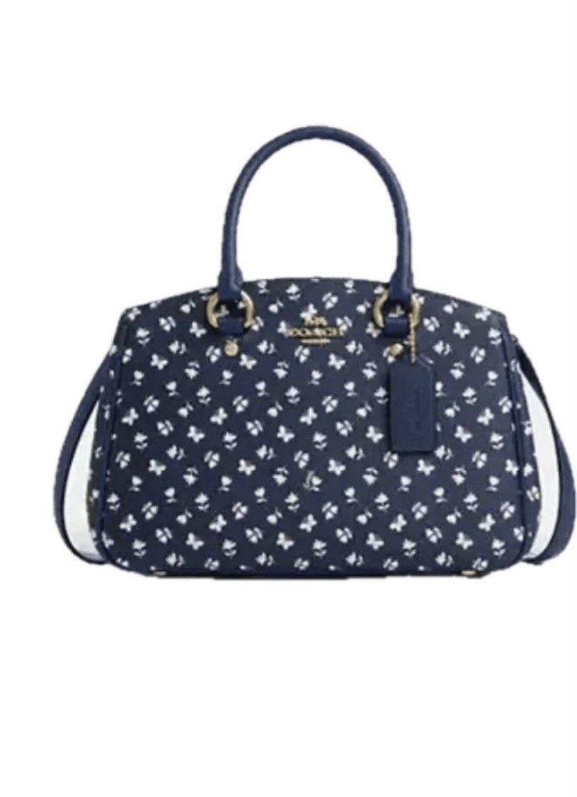 Coach Blue White Floral Medium Satchel Top Handle Zip Strap Pockets Gold