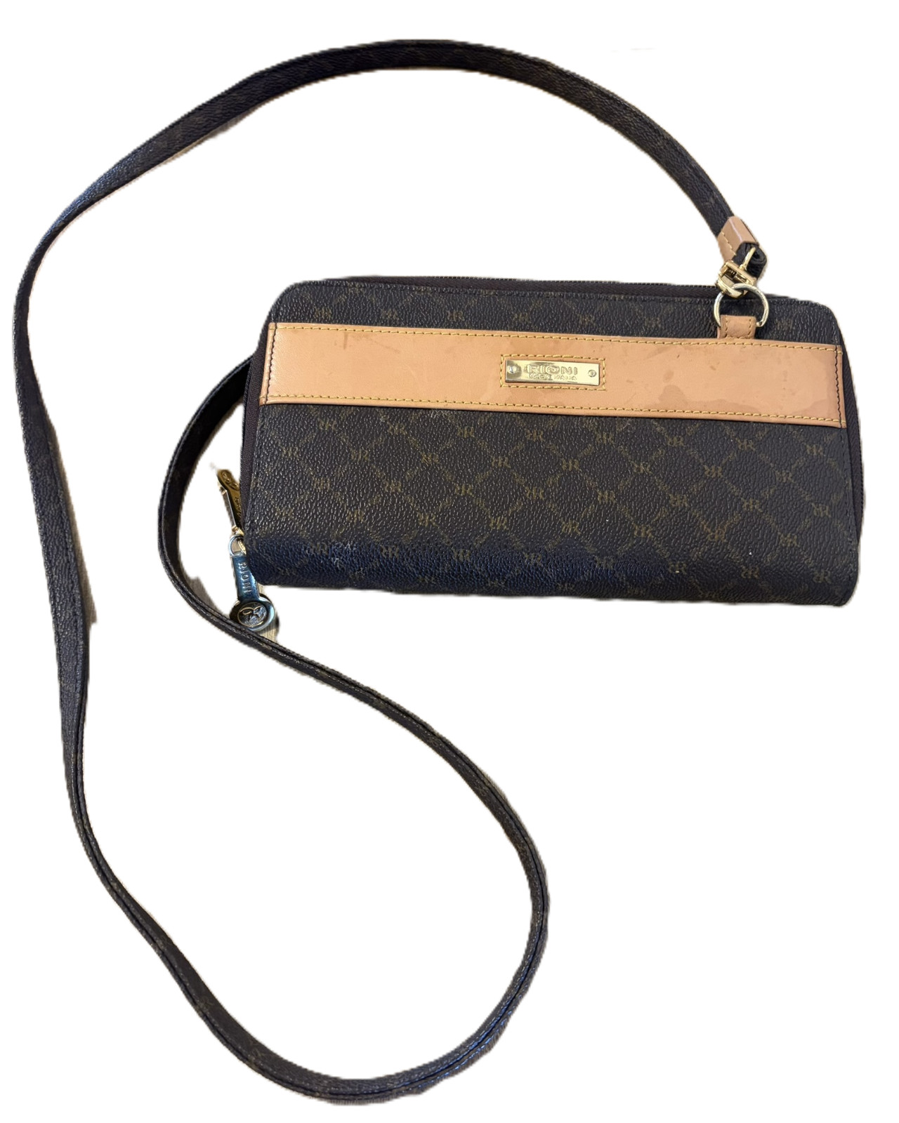 Rioni Dual Zip Wristlet organizer in brown with leather trim gold hardware