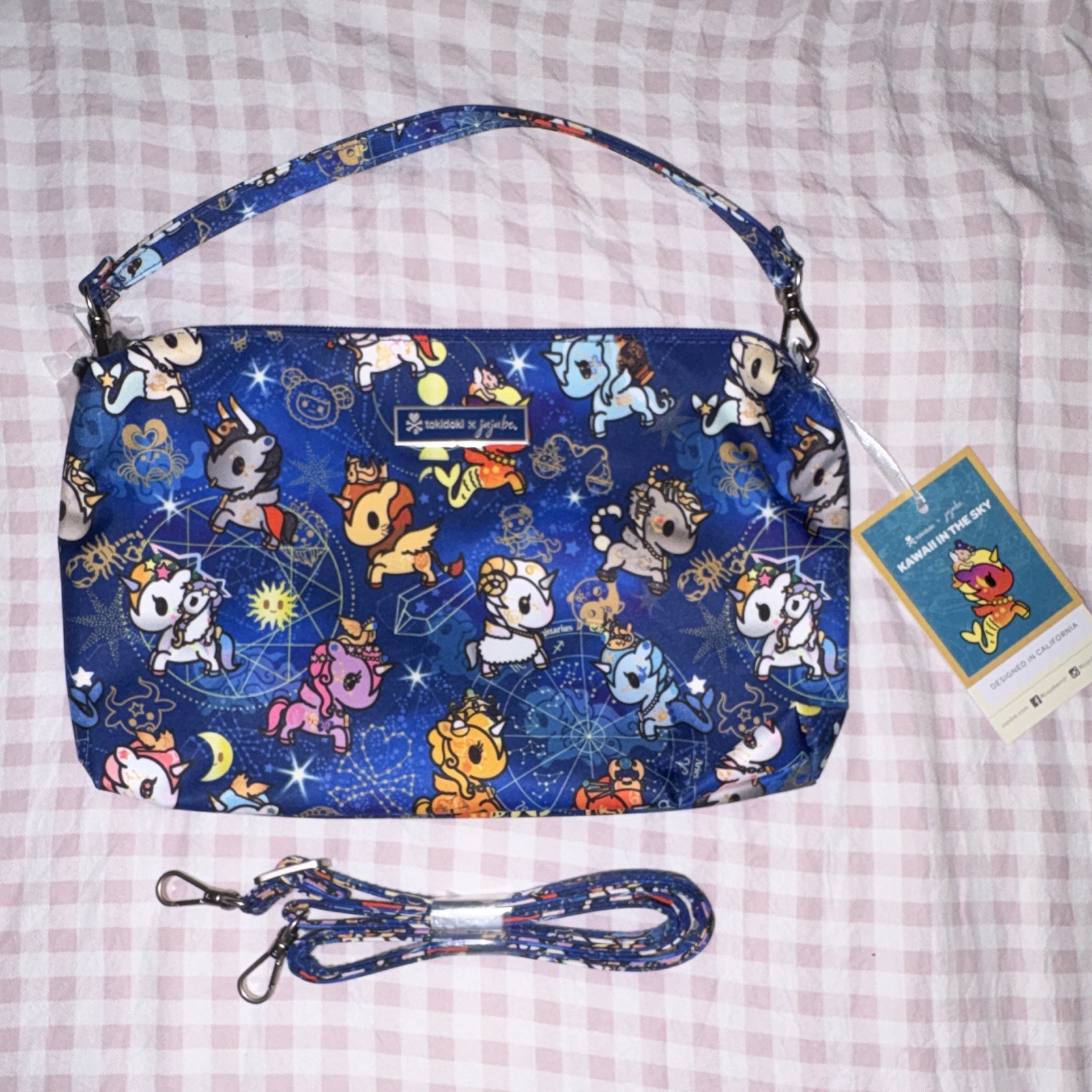 tokidoki x JuJuBe Blue Unicorn Cartoon Print Crossbody Zip Bag Detachable Strap