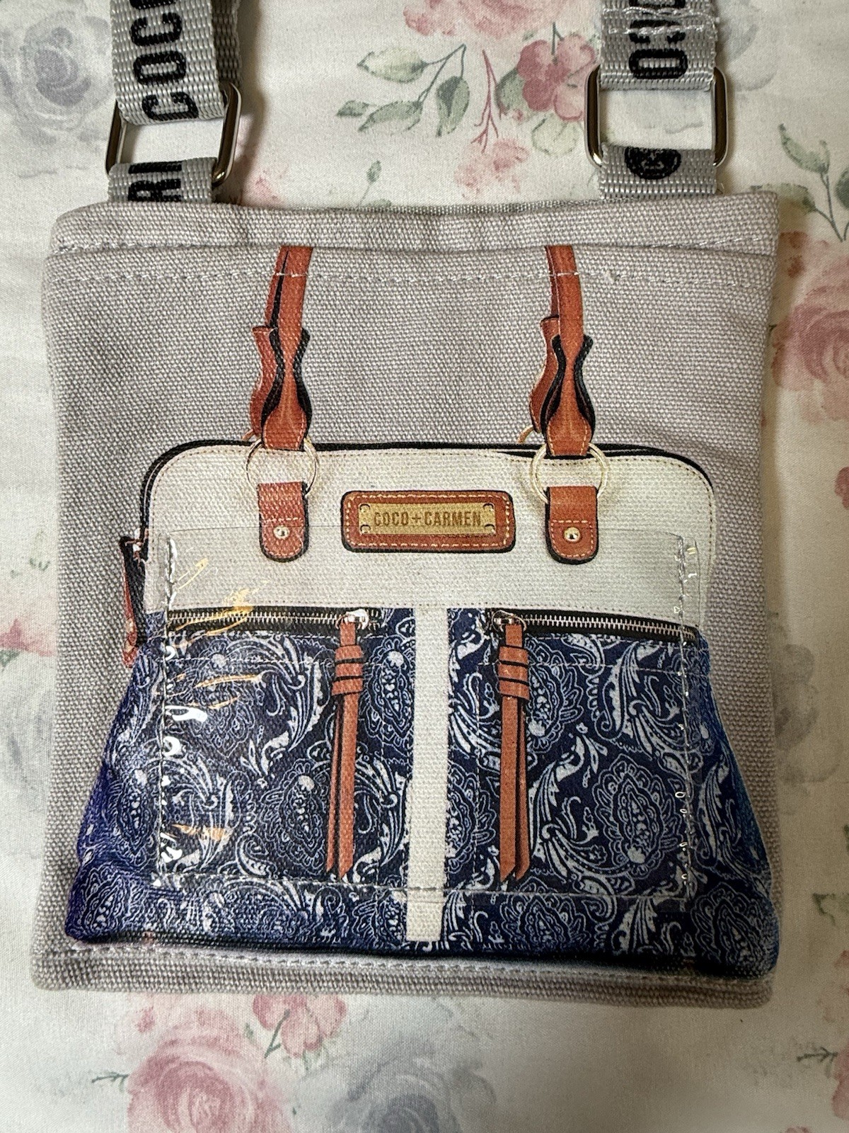 Coco+Carmen Canvas Crossbody Bag Tote Purse Blue Paisley Print 6×7”
