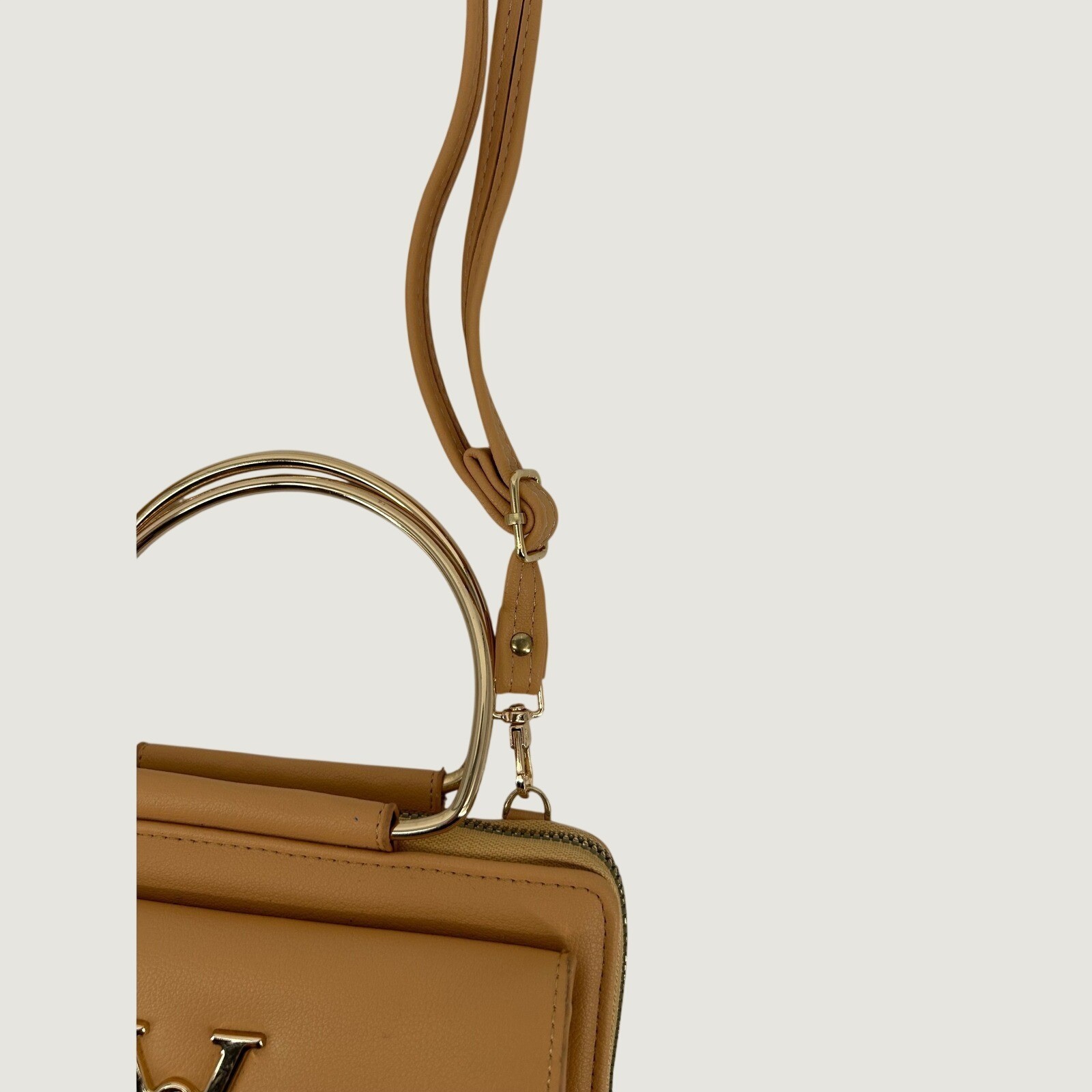 Tan Vegan Leather Crossbody Bag with Gold Ring Handle and V Turn-Lock Clasp
