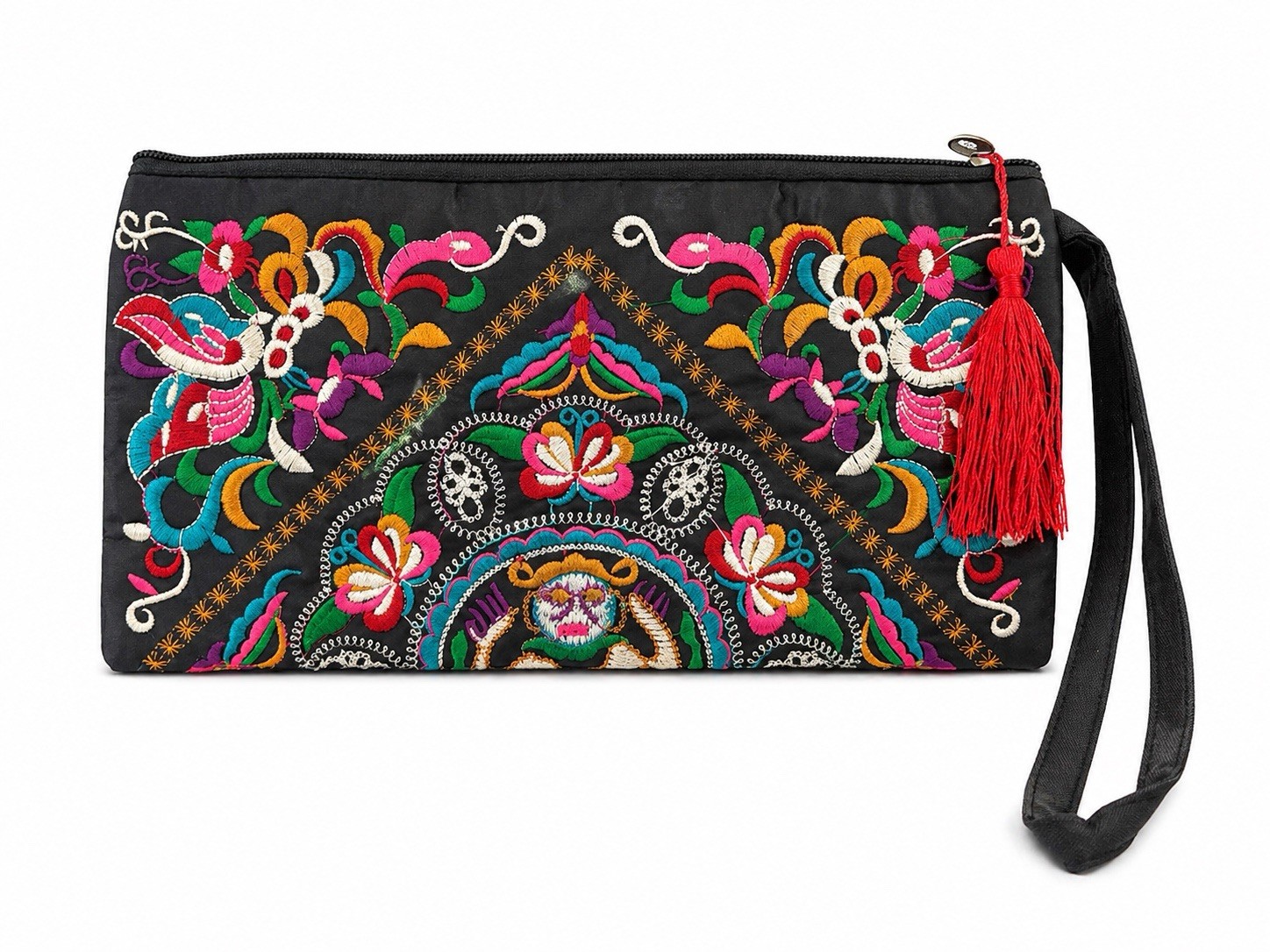 NEW Embroidered Clutch Black Floral Tassel Wristlet Pouch Satin 10in Boho