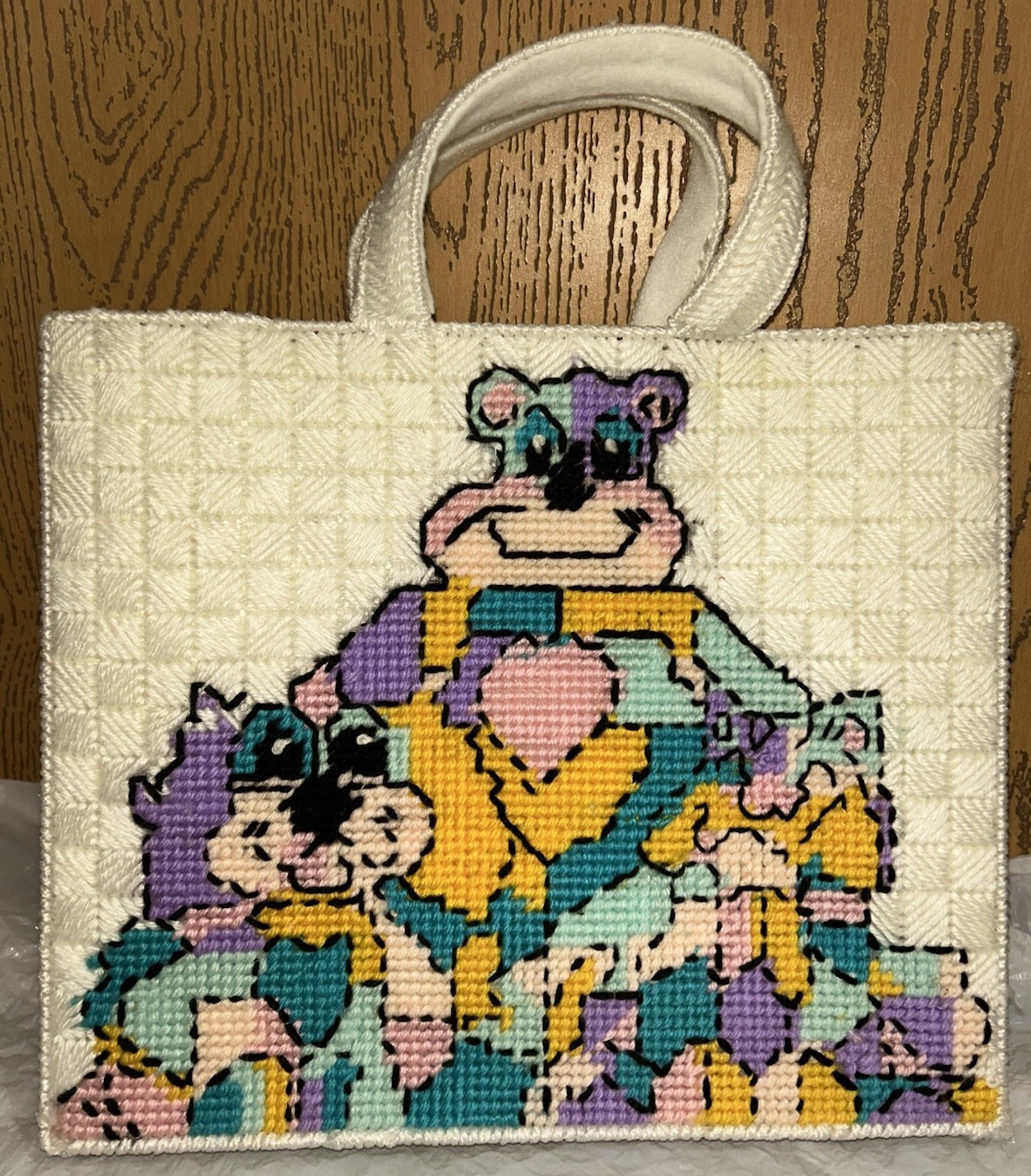 Vtg Patchwork Pals Teddy Bears White Plastic Canvas Felt Lined Tote Bag 12”