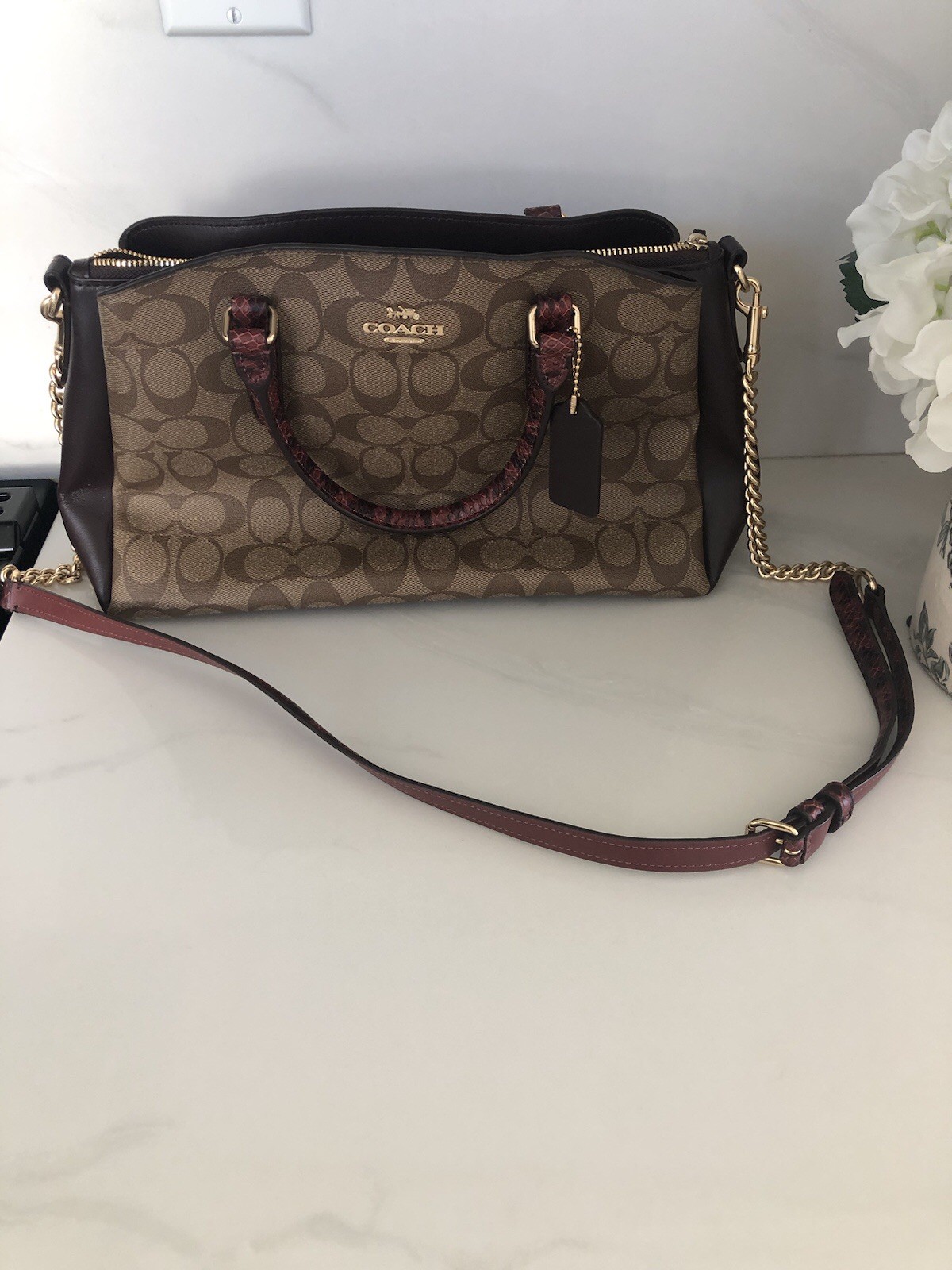 Coach Mini Sage Carryall Satchel Crossbody Bag Brown/Red Signature Canvas F87672