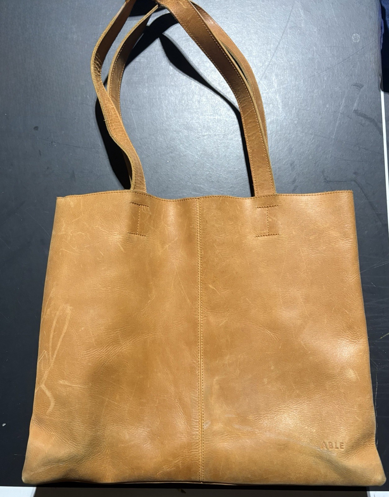 ABLE Tan Solid Tote Bag Women’s Open Top Double Handles Logo Accent