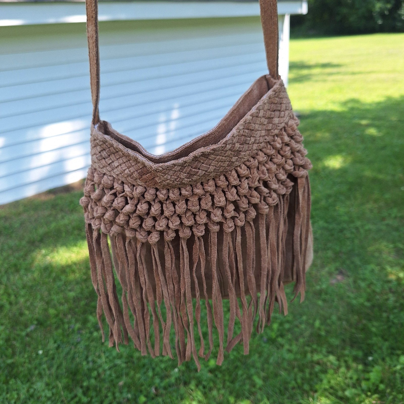 Genuine Leather Tan Suede Fringe Crossbody Bag Boho Western Cottagecore Cowgirl