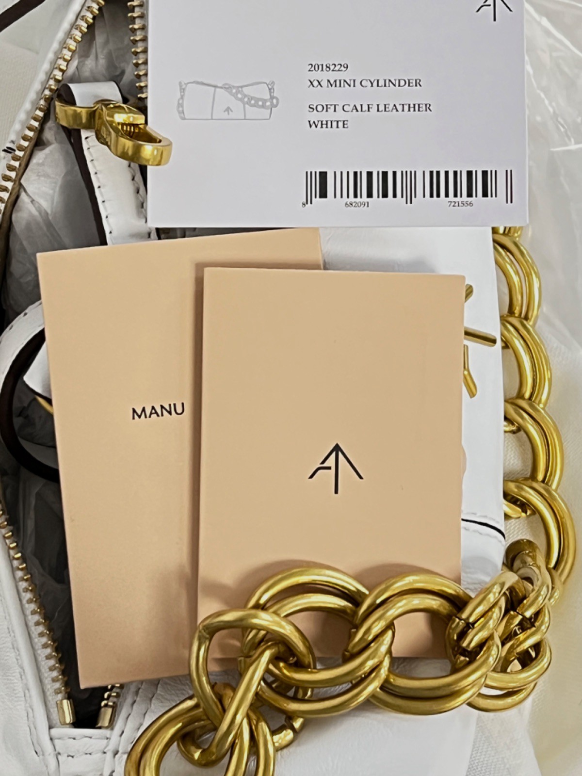 $426 Manu Atelier Women’s White XX Mini Cylinder Logo Leather Shoulder Purse Bag