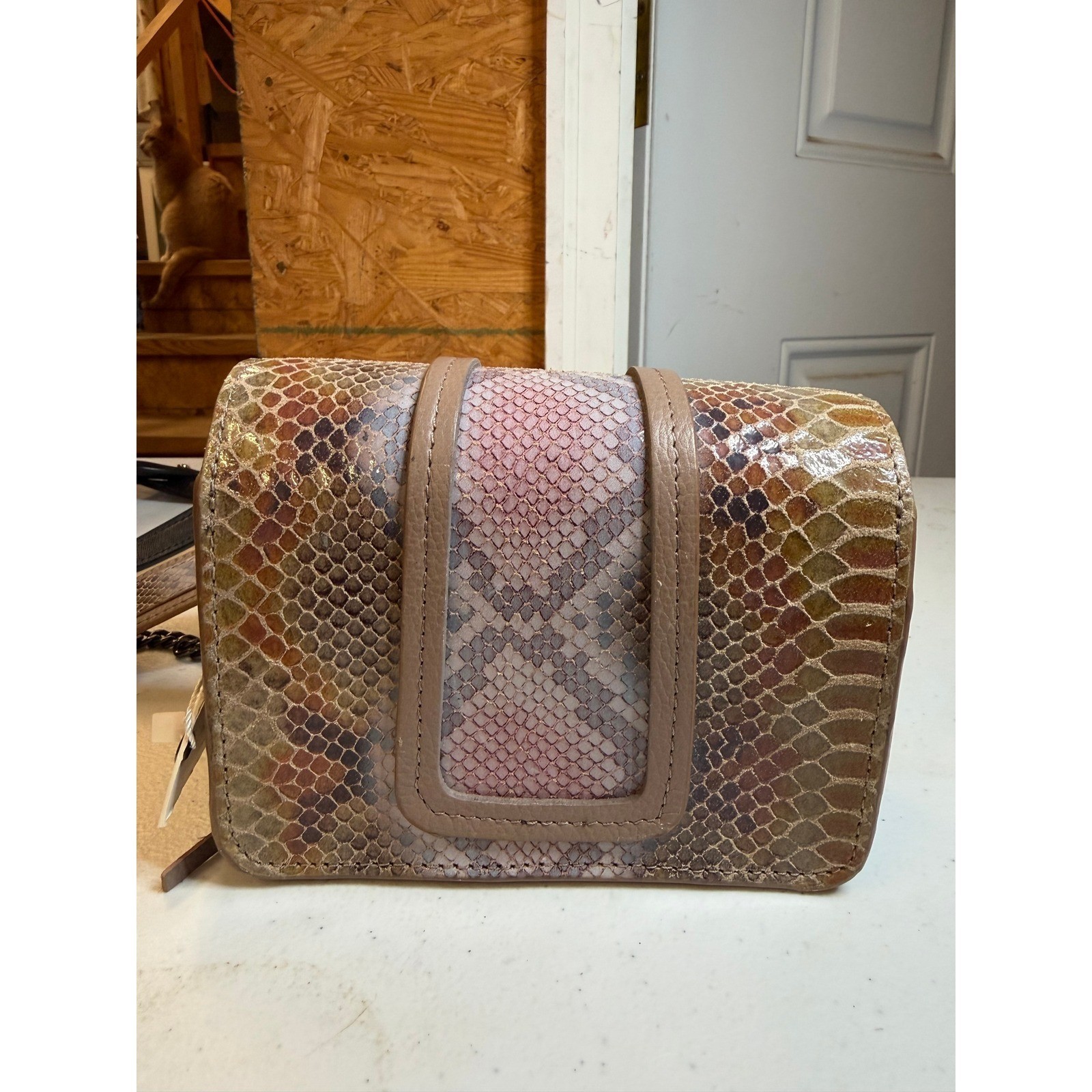 Purseption by B+L Snakeskin Embossed Leather Tassel Crossbody Bag Taupe Multi