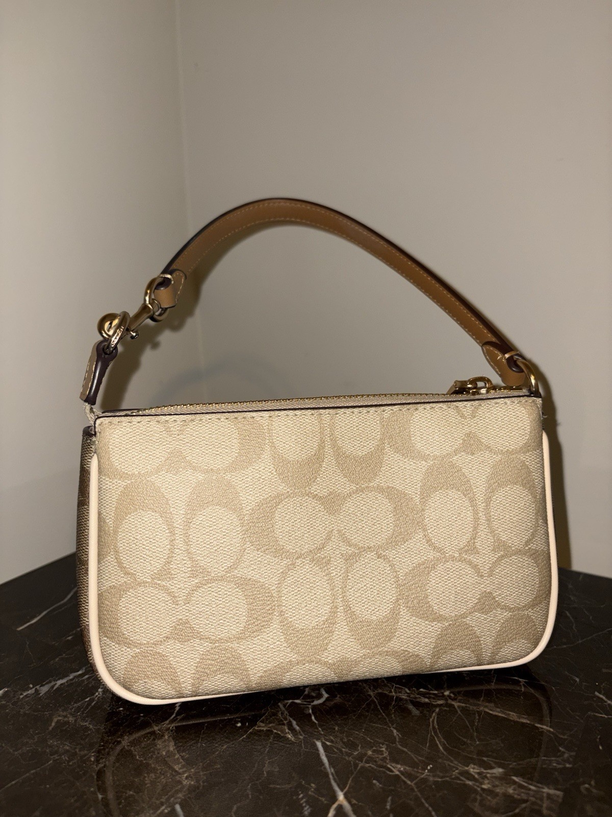 Coach Signature Logo Small Shoulder Bag Zip Top Charm Tan Strap Beige Brown.