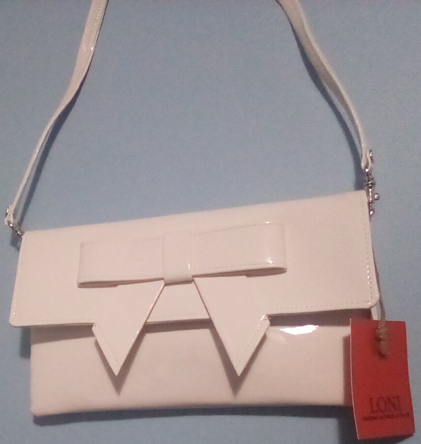 Loni white bow Faux Patent Leather Clutch Shoulder Bag with Detachable Strap