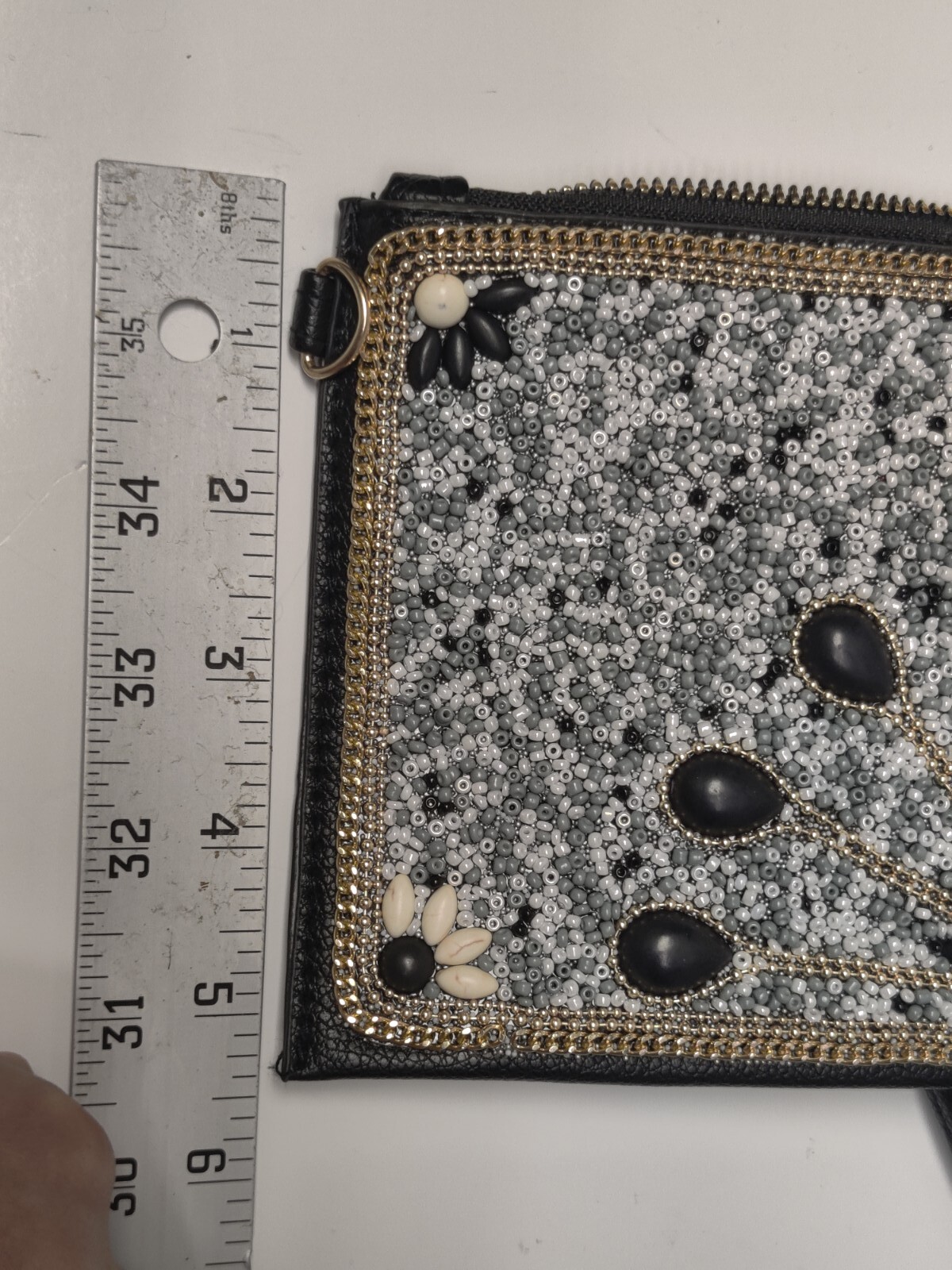 COCO + CARMEN White And Black Artisan Beaded Crossbody Clutch Bag