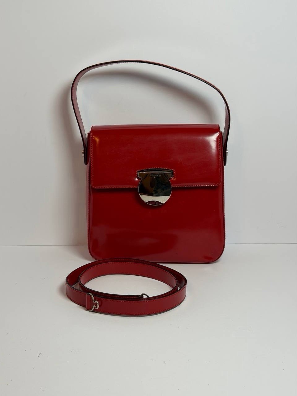 Salvatore Ferragamo Vala Gancini Clasp Red Patent Leather HandBag