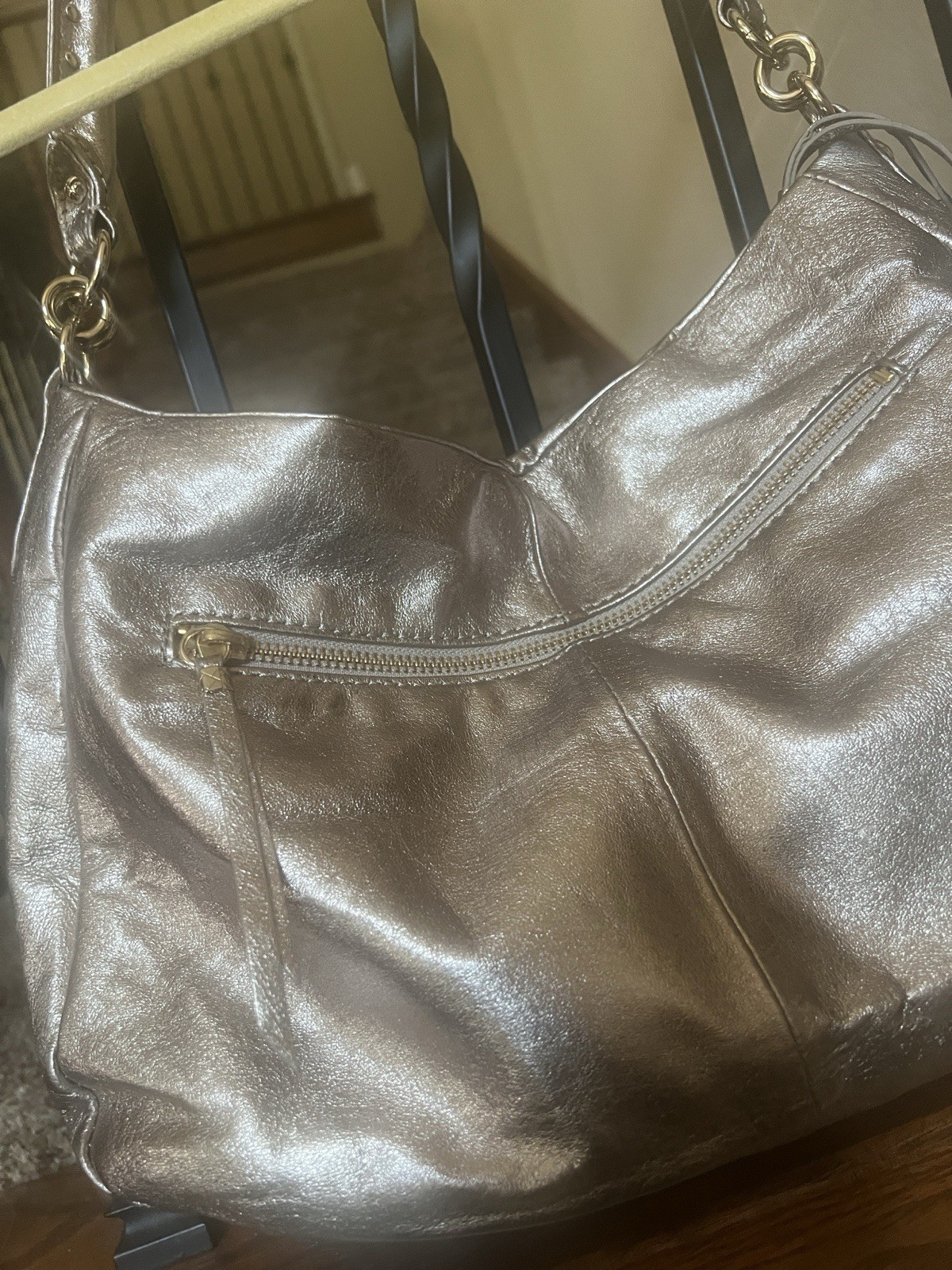 Elliott Lucca Metallic Silver Shoulder Bag Floral Applique Zip Pockets Gold