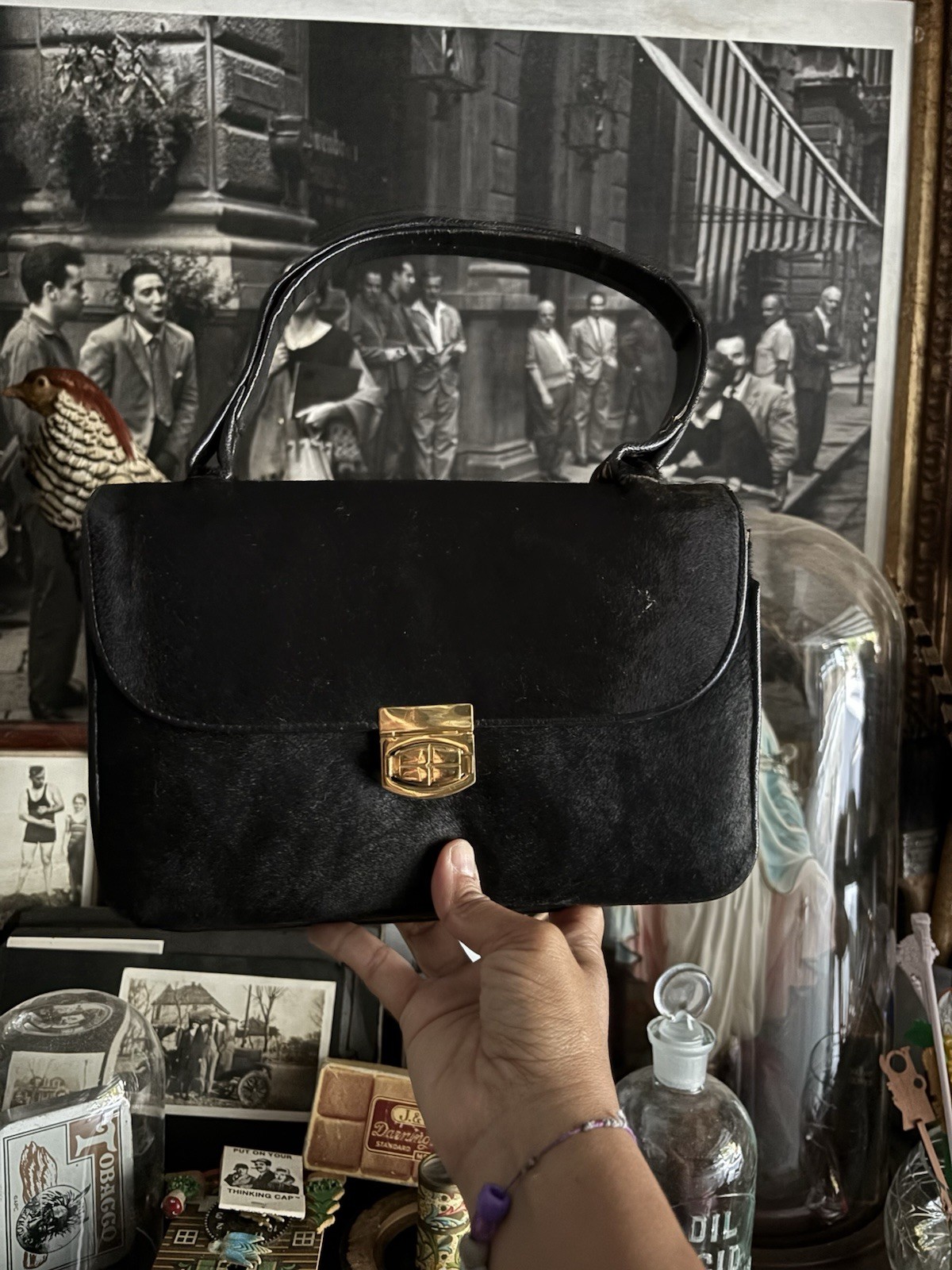 VTG Black Calf Hair Pony Hair Top Handle Handbag Gold Turn Lock Leather Purse