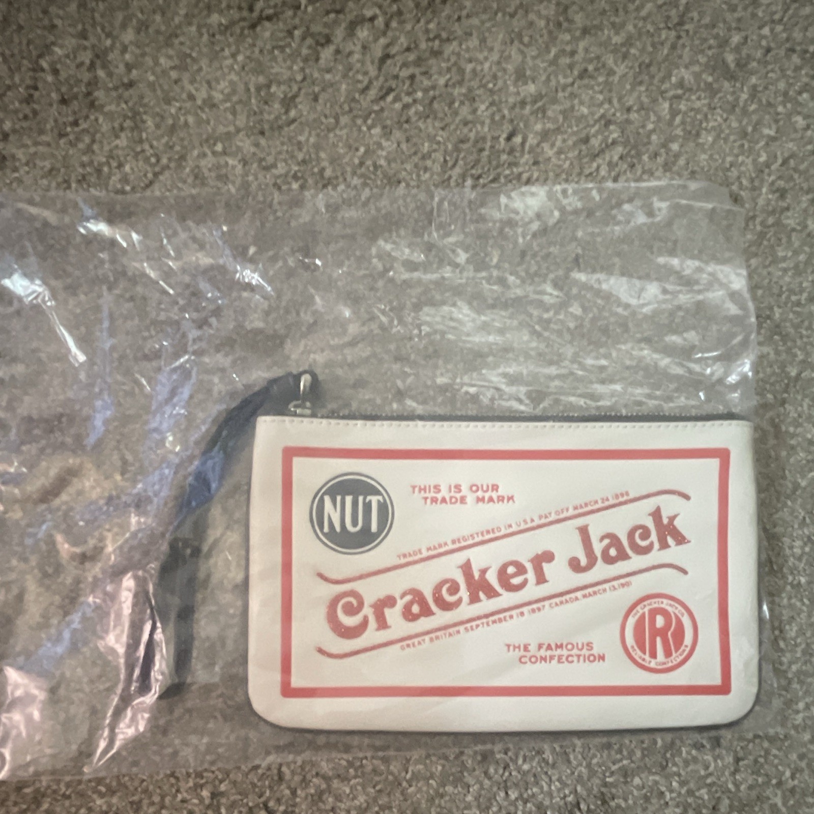 Cracker Jack Beige/Red/Black Logo Wristlet Zip Pouch w/ Wrist Strap