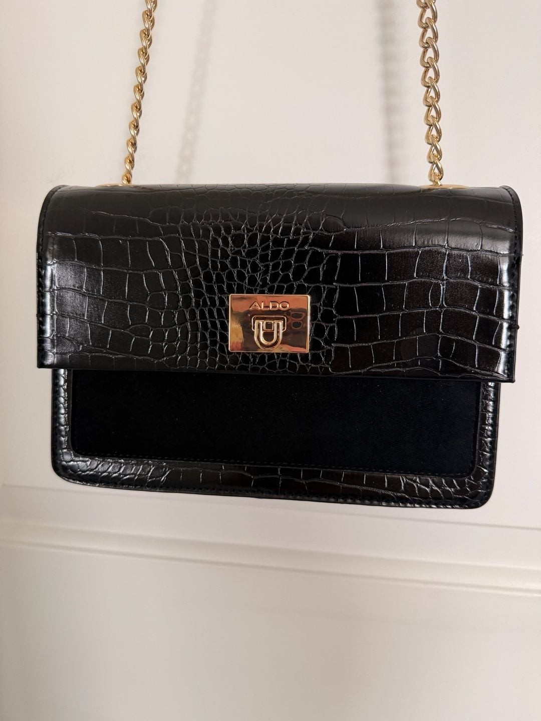 ALDO Black Croc-Embossed and Suede Crossbody Bag with Gold Tone Hardware