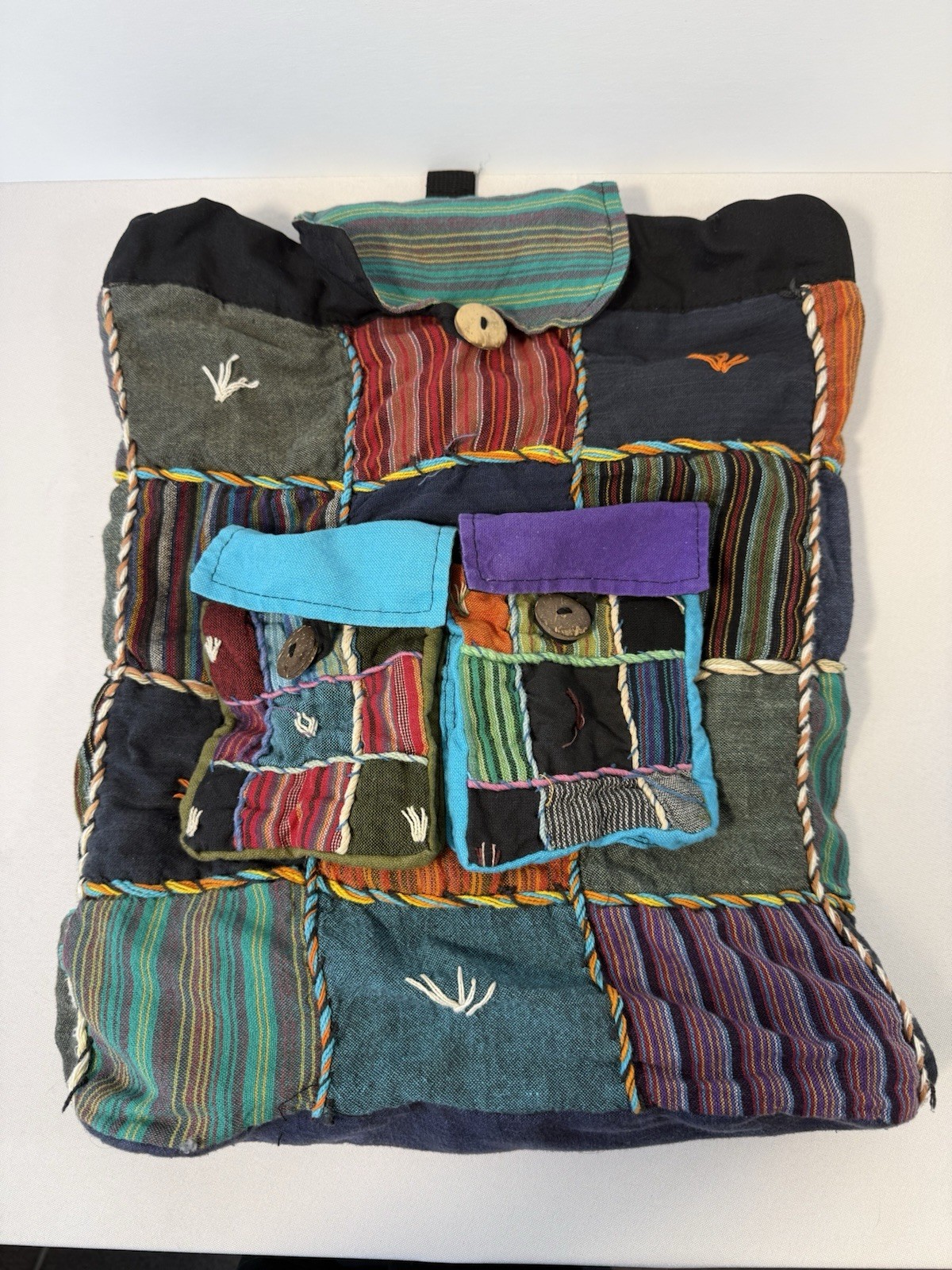 Boho Hippie Patchwork Backpack 100% Cotton Made In Nepal Pockets 18”hx13”lx5”d