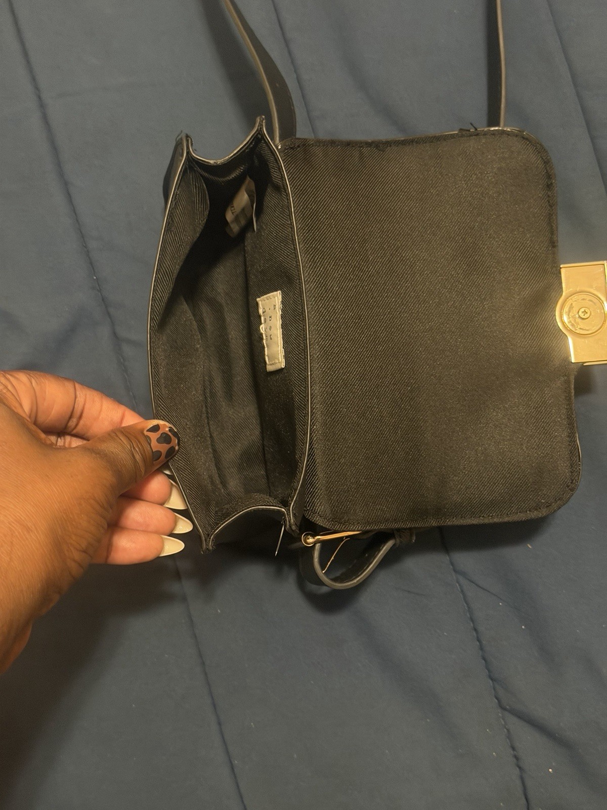 Women’s Small Black Solid Flap Crossbody Bag, Gold Buckle, Adjustable Strap