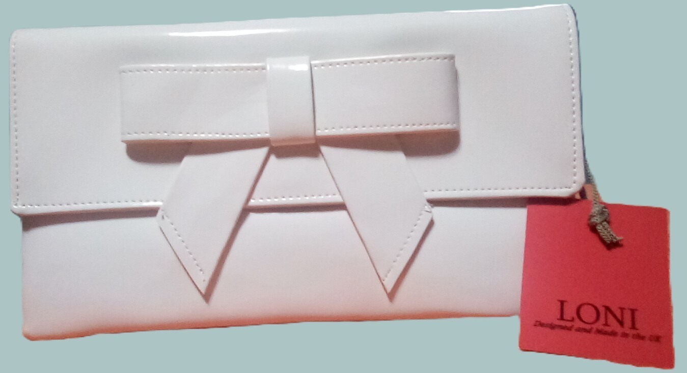Loni white bow Faux Patent Leather Clutch Shoulder Bag with Detachable Strap