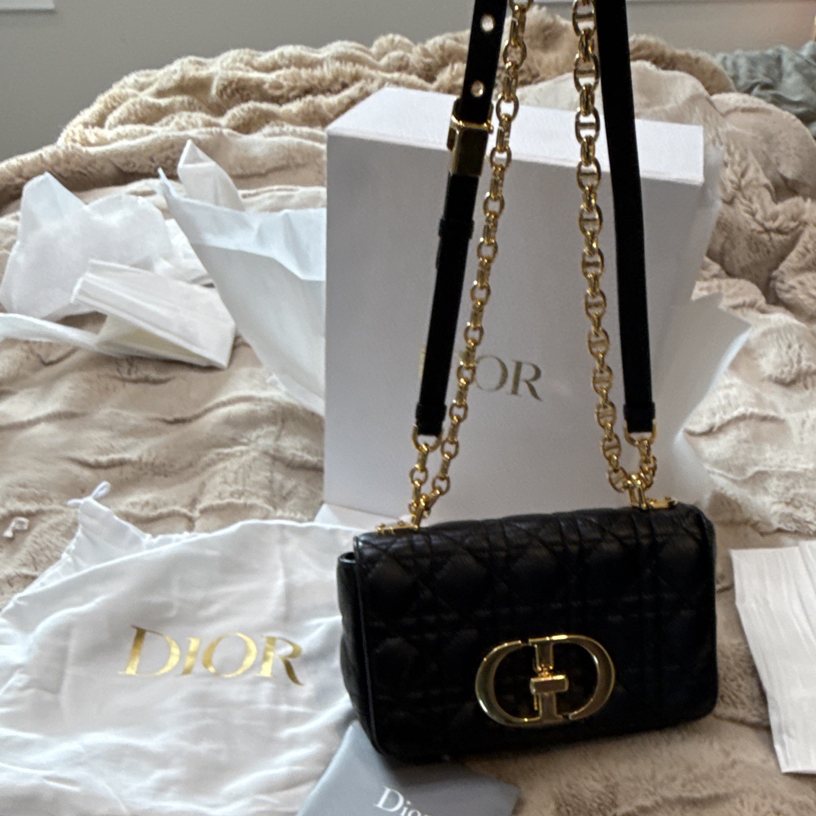 Dior Black Cannage Quilted Shoulder Bag Gold Hardware Chain Strap Box Dust Bag