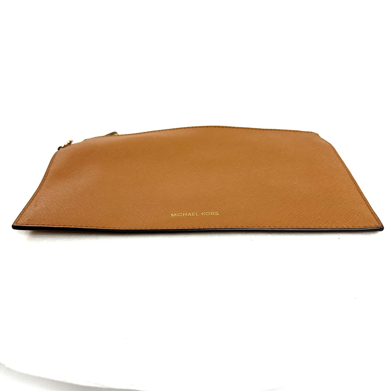 Michael Kors Brown Saffiano Leather Large Pouch Clutch Purse Wallet Brass