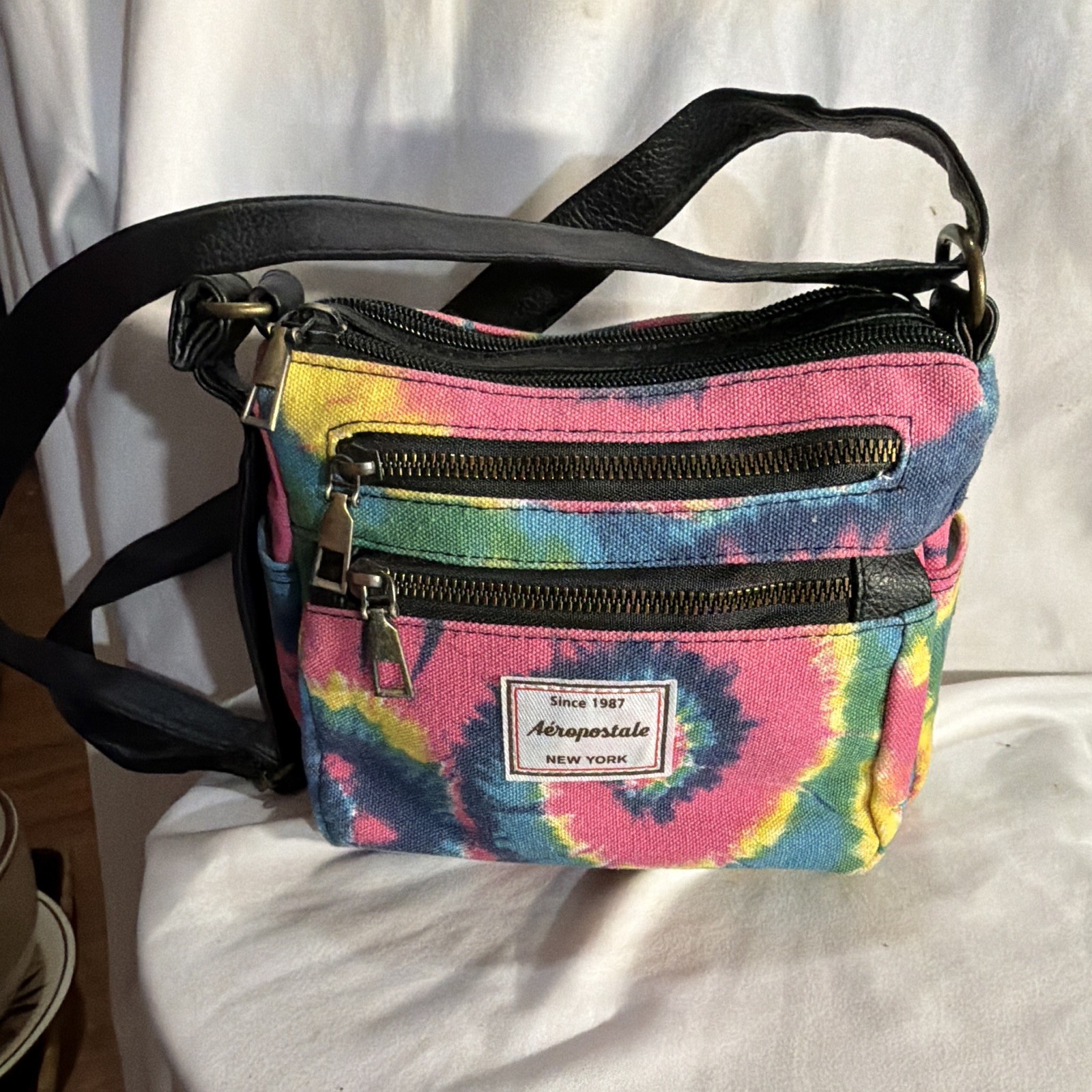 Y2K Aéropostale Tie Dye Crossbody Bag, Adjustable Strap, Zipper Pockets