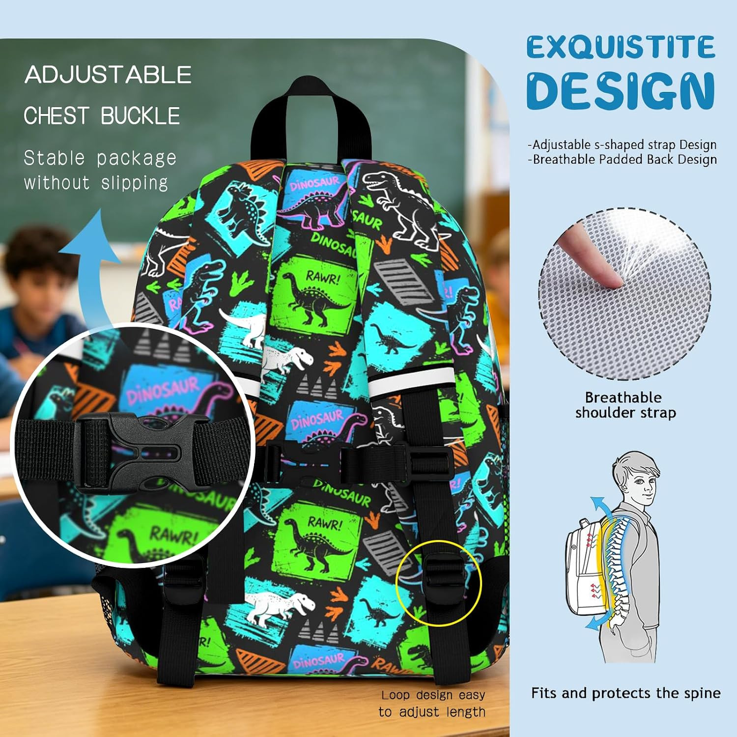 Kids Backpack, Street Art Graffiti T-Rex School Backpack, Dinosaur Splash Print