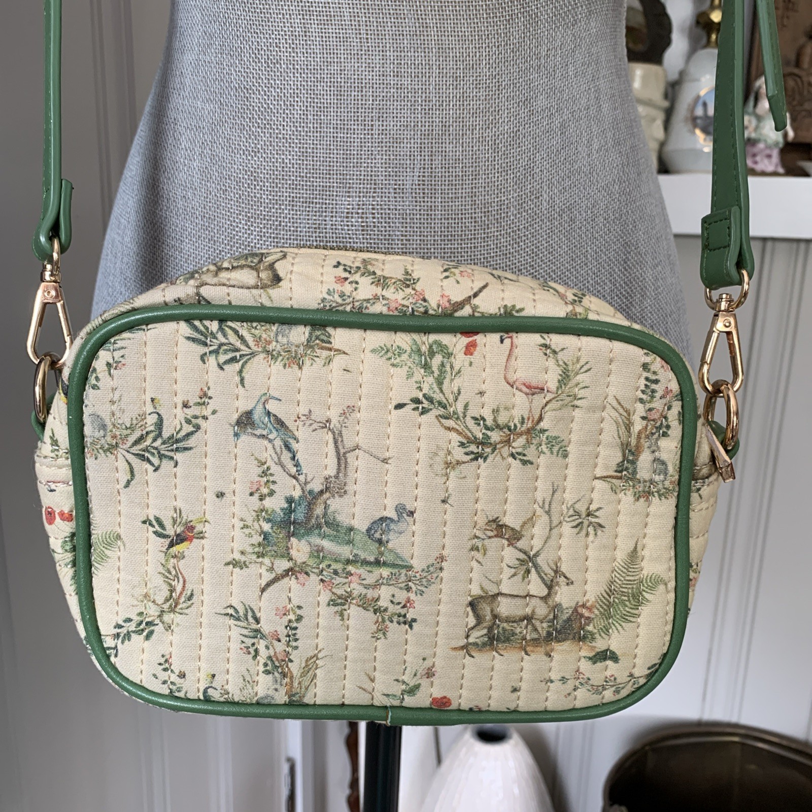 FABLE England Quilted Forest Animals Print Kelly Green Crossbody Bag Purse Small