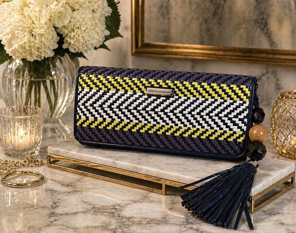 NEW Rebecca Minkoff Woven Leather Clutch Wallet Blue Yellow Purple Tassel 10.5”