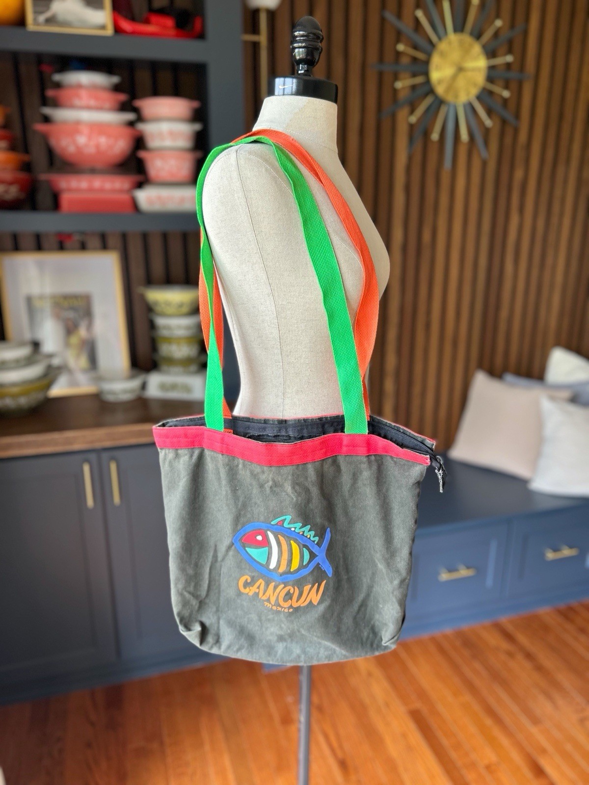 Cancun Mexico Bag Vintage Miro Neon Fish Black Elastic Tropical Canvas Tote
