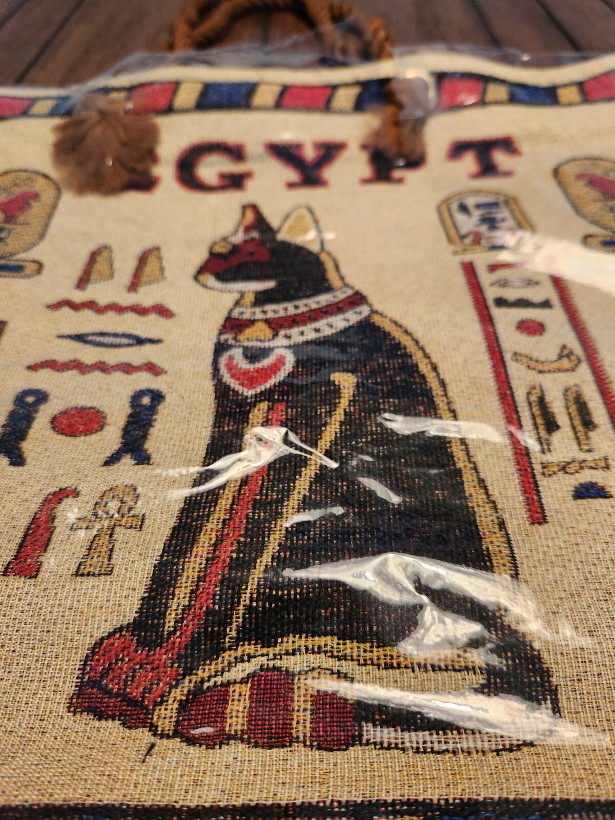 Egypt Sphinx Cat Tote Rope Handle Canvas Purse Grocery Bag Hieroglyphics