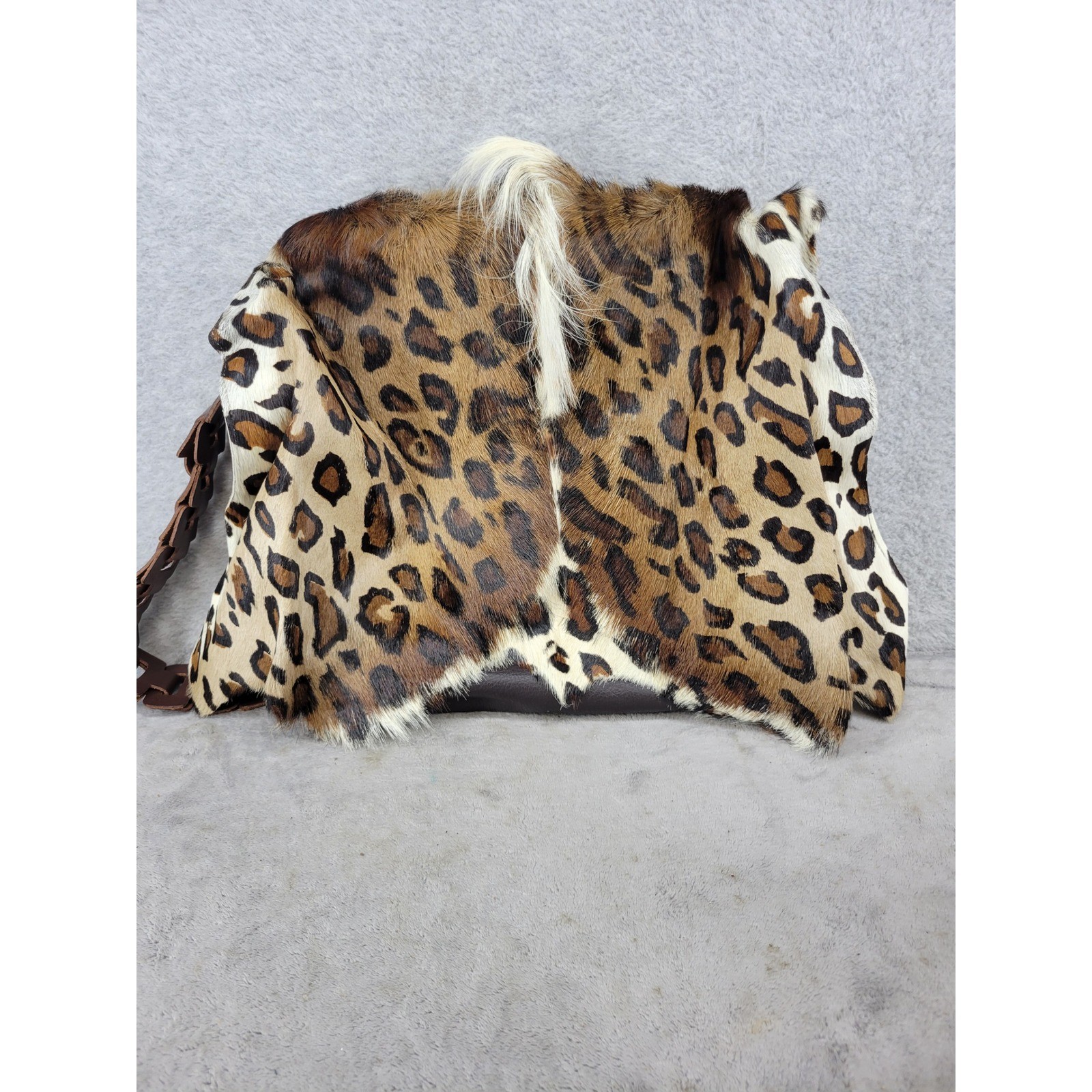 Carlos Falchi Leopard Print Calf Hair Leather Shoulder Bag Brown Crossbody