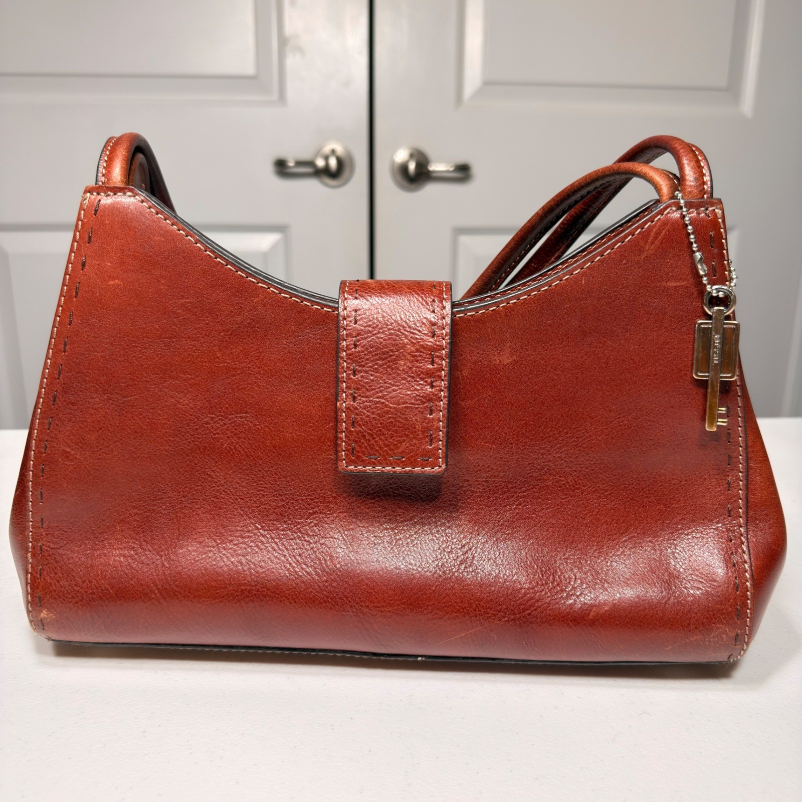 Fossil Vintage Cognac Leather Baguette Shoulder Bag Y2K Minimalist Brown Small