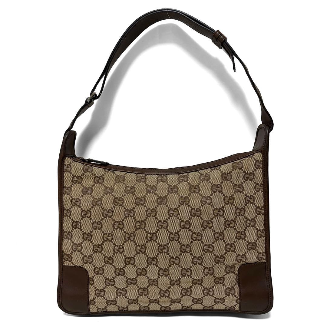 GUCCI GG Canvas Leather Shoulder Bag Beige Brown Italy 30.5x23cm Strap Authentic