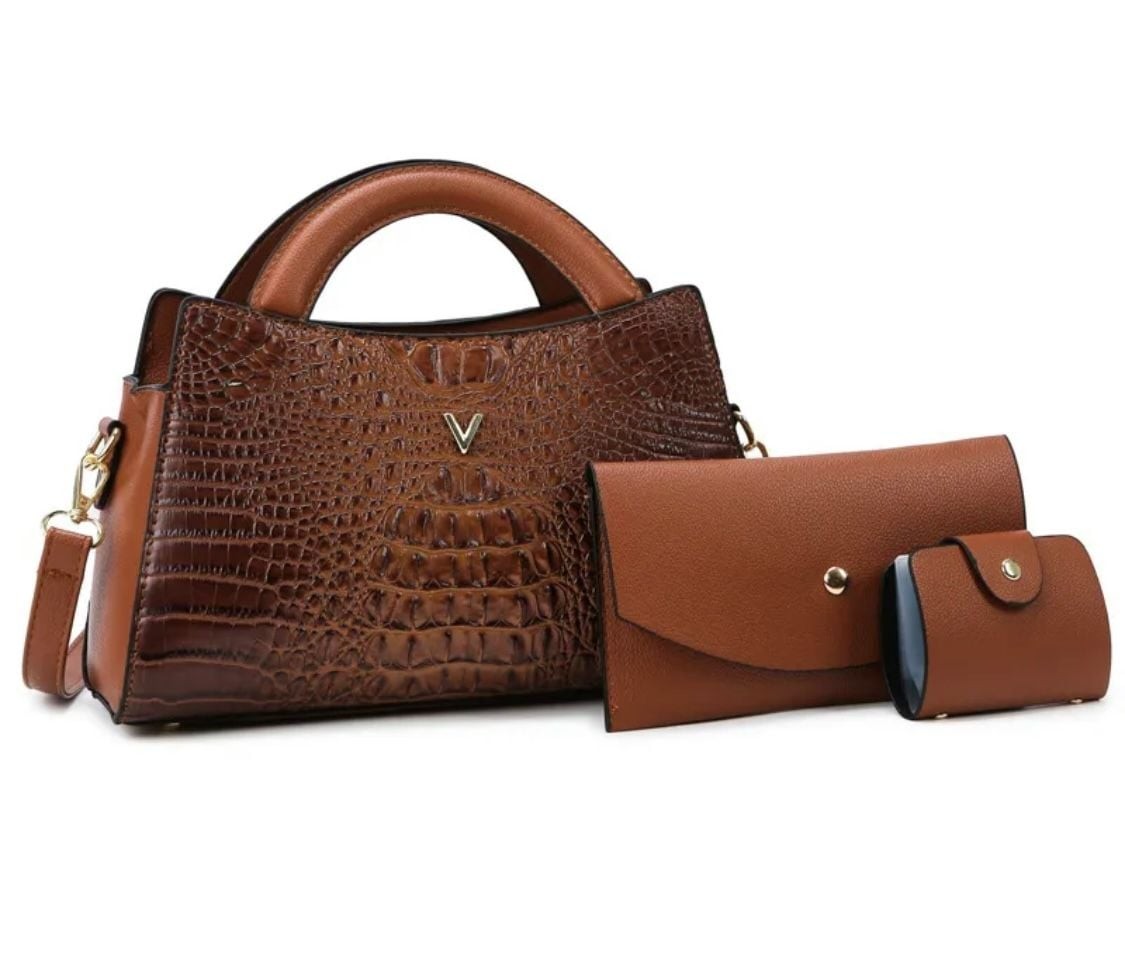 3-Piece Faux Crocodile Embossed Handbag Set with V Logo