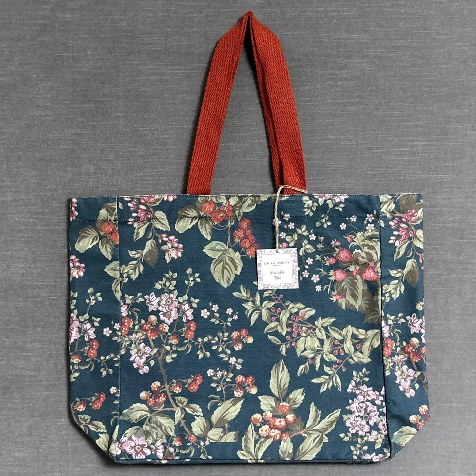 Laura Ashley Tote Teal Green Floral Canvas Reusable Shopping Travel Boho Grocery